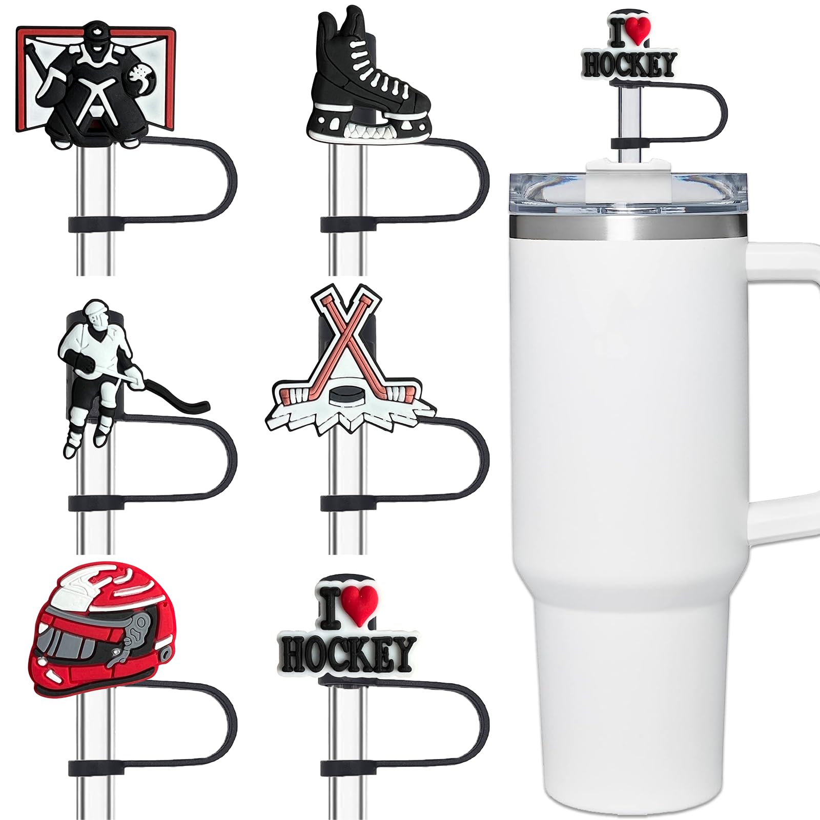 Amreich Hockey Straw Cover For Stanley Cup, 6 Pcs Silicone Straw Topper For 30/40Oz Tumbler With Handle, Black Straw Cover Cap F