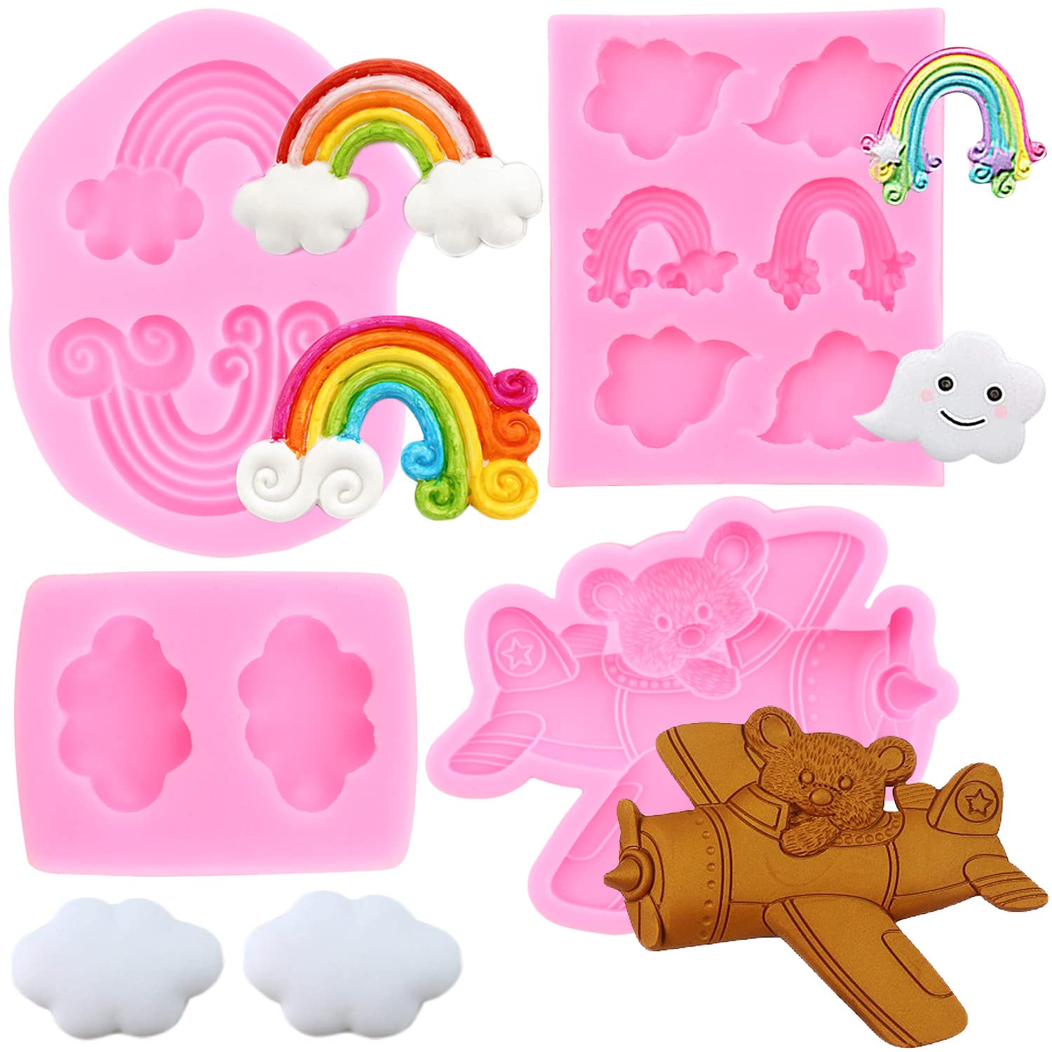 Lkdquthm Rainbow Cake Fondant Molds Cloud Silicone Mold Bear Airplane Candy Molds For Cake Decorating Cupcake Topper Chocolate G