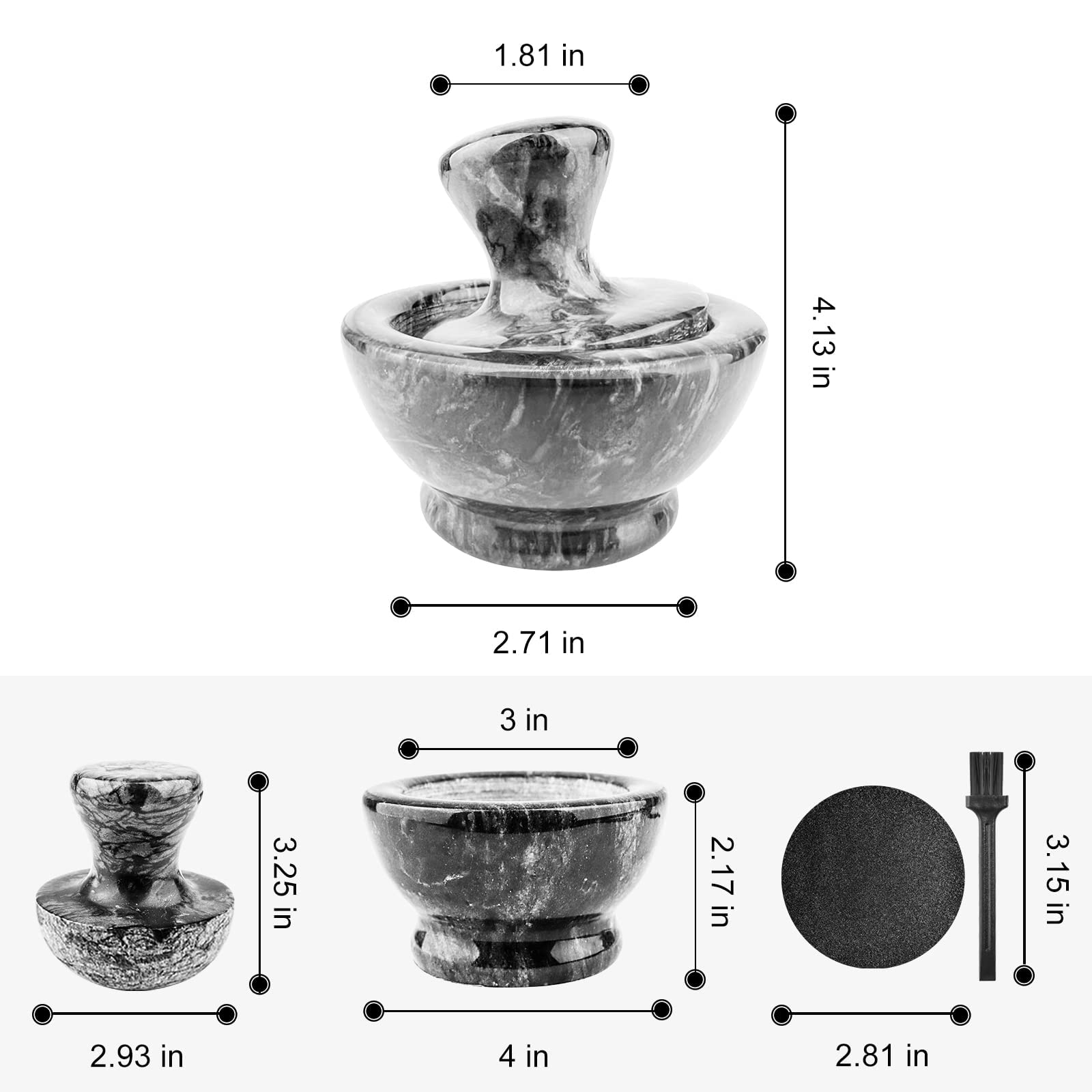 Mortar And Pestle Set, Marble Mortar And Mushroom Pestle,4 Inch,1/2 Cup,Stone Grinder With Brush Placemat For Pills Herbs Spices
