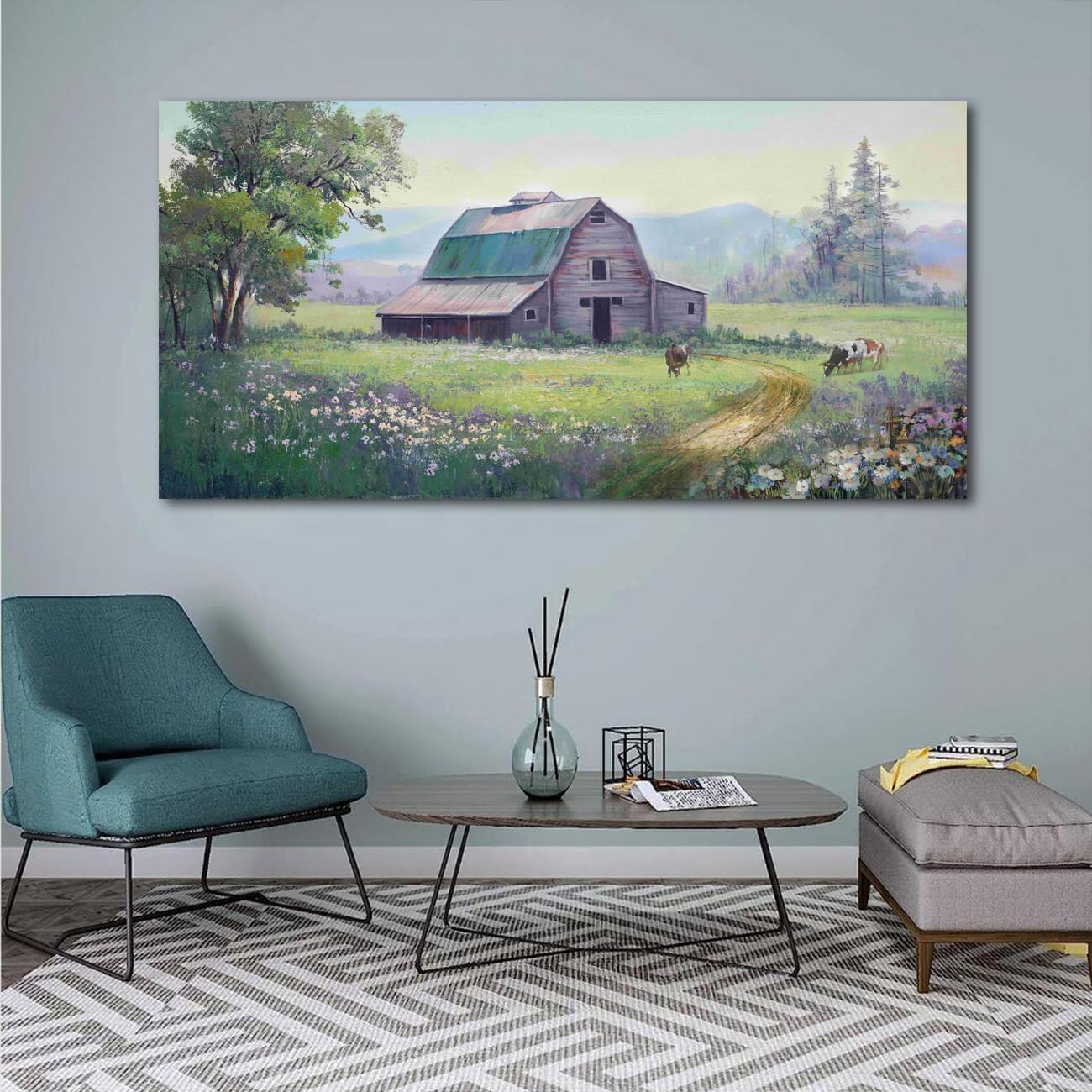 Acocifi Farmhouse Wall Art Barn Picture Cow Farm Landscape Painting Canvas, Nature Wildflower Rustic Scenery Print Artwork Frame