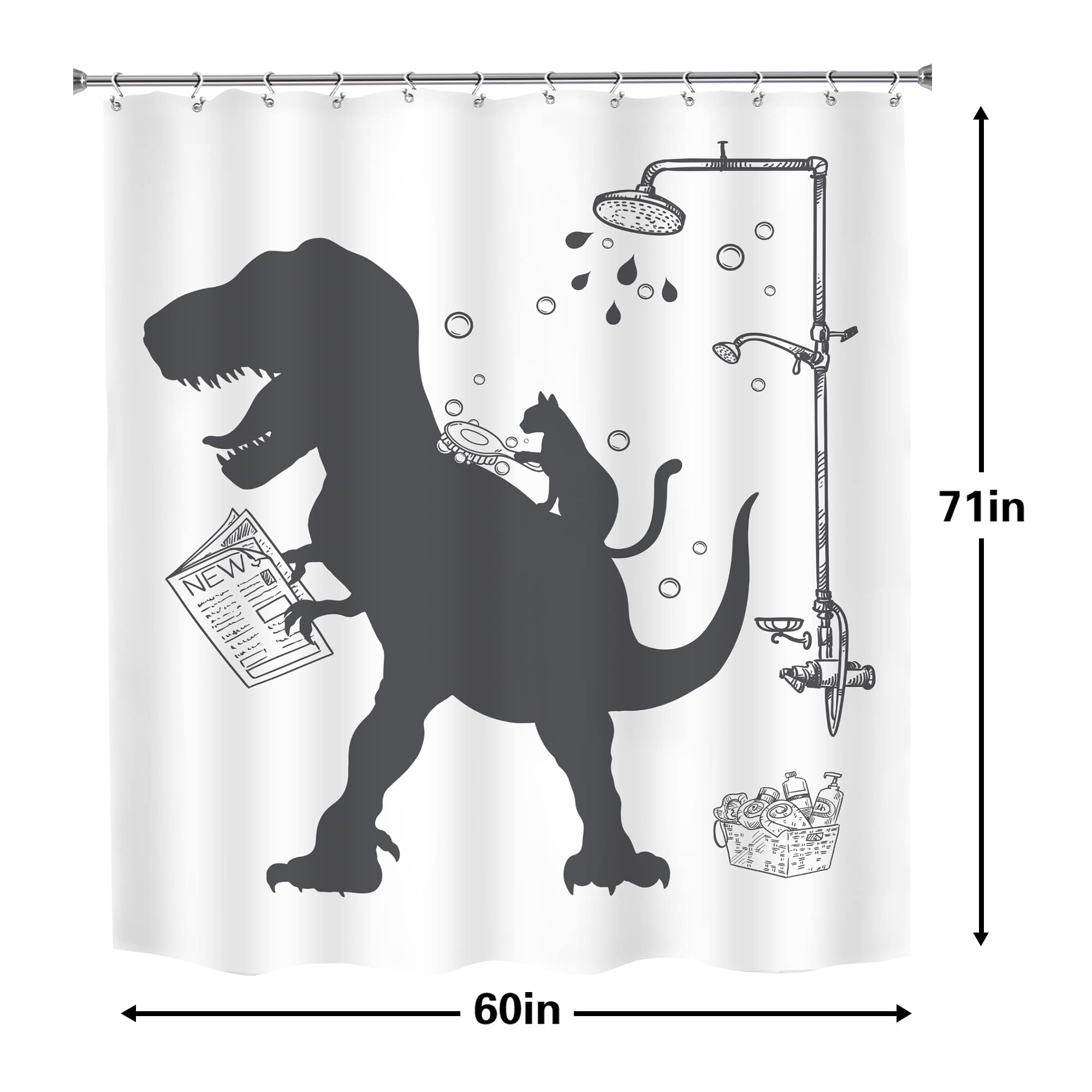 Lghtyro Funny Dinosaur Kid Shower Curtain Bathroom Set 60Wx71H Inches Cartoon Dino Cat Trex Animal Raptor Silhouette Shadow Bath