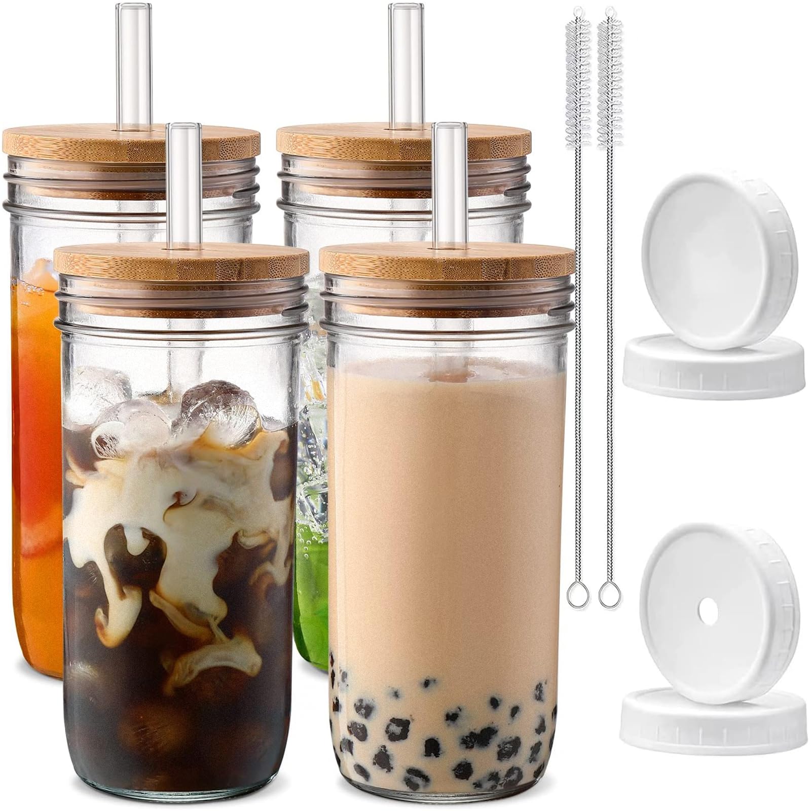DWTS DANWEITESI Glass Cups with Lids and Straws,24 oz Smoothie Cup with Lid and Straw-Boba Mason Jar,Matcha Cup Wide Mouth Reusa