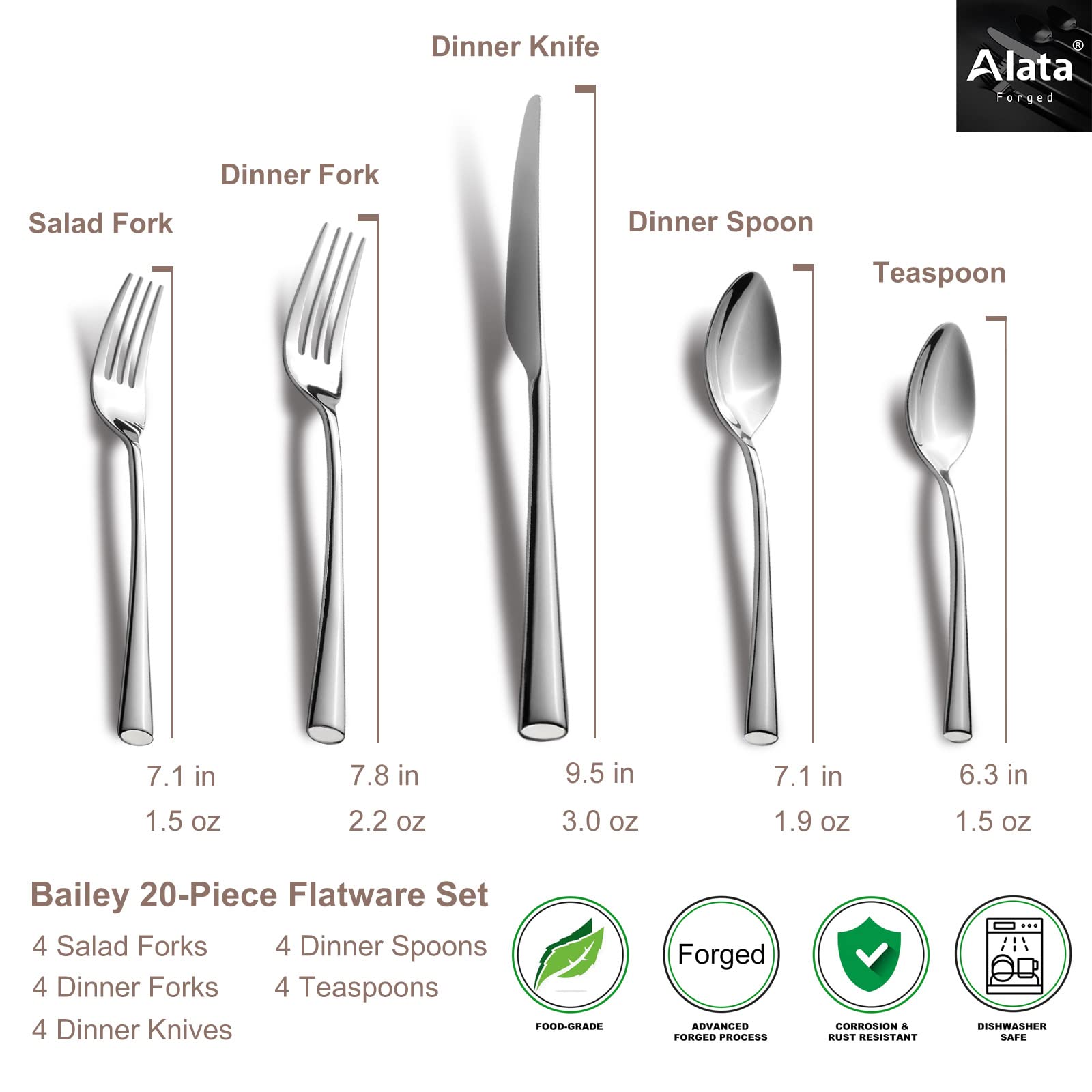 Alata Bailey 20-Piece Forged Silverware Set Stainless Steel Flatware Set,Service For 4,Mirror Polished Cutlery Set,Dishwasher Sa