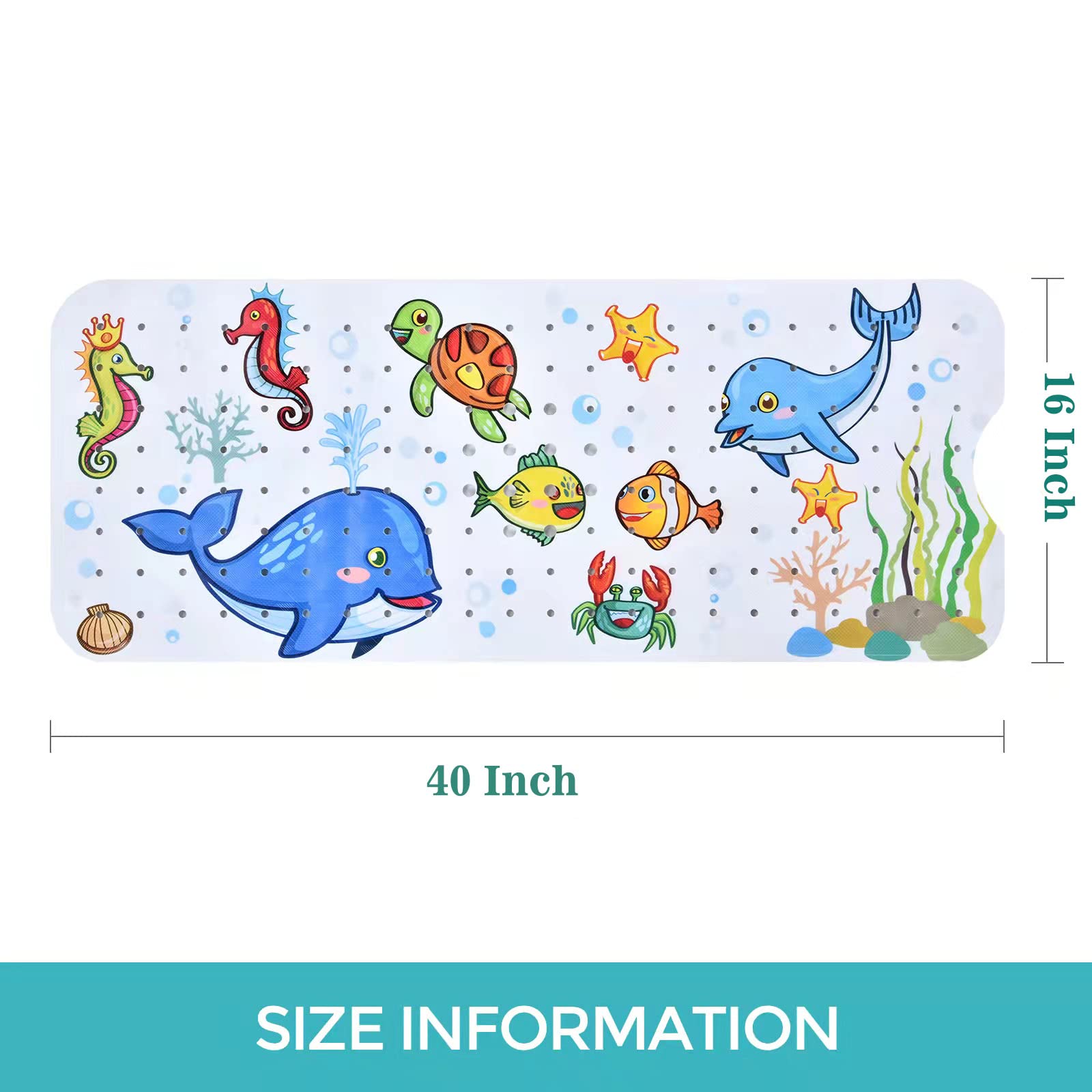 Tubozadi Baby Bath Mat for Tub Kids Non Slip Bathtub Mats Baby Extra Long 40X16 Inch Bathroom Toddler Anti Slip Shower Mat with Suction Cups & Drain Holes Machine Washable Whale