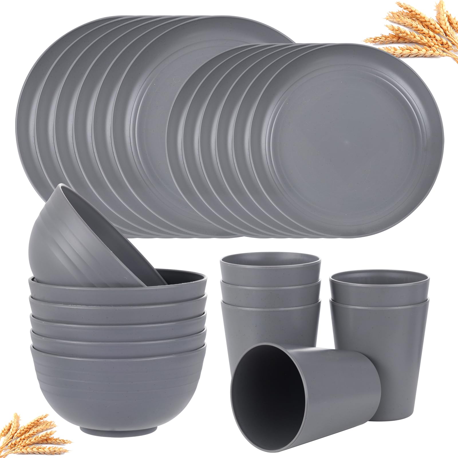 Supernal Wheat Straw Dinnerware Sets,Unbreakable Dinner Plates for 6,Microwave Dishwasher Safe,Reusable Dinnerware,Dark Gray Set
