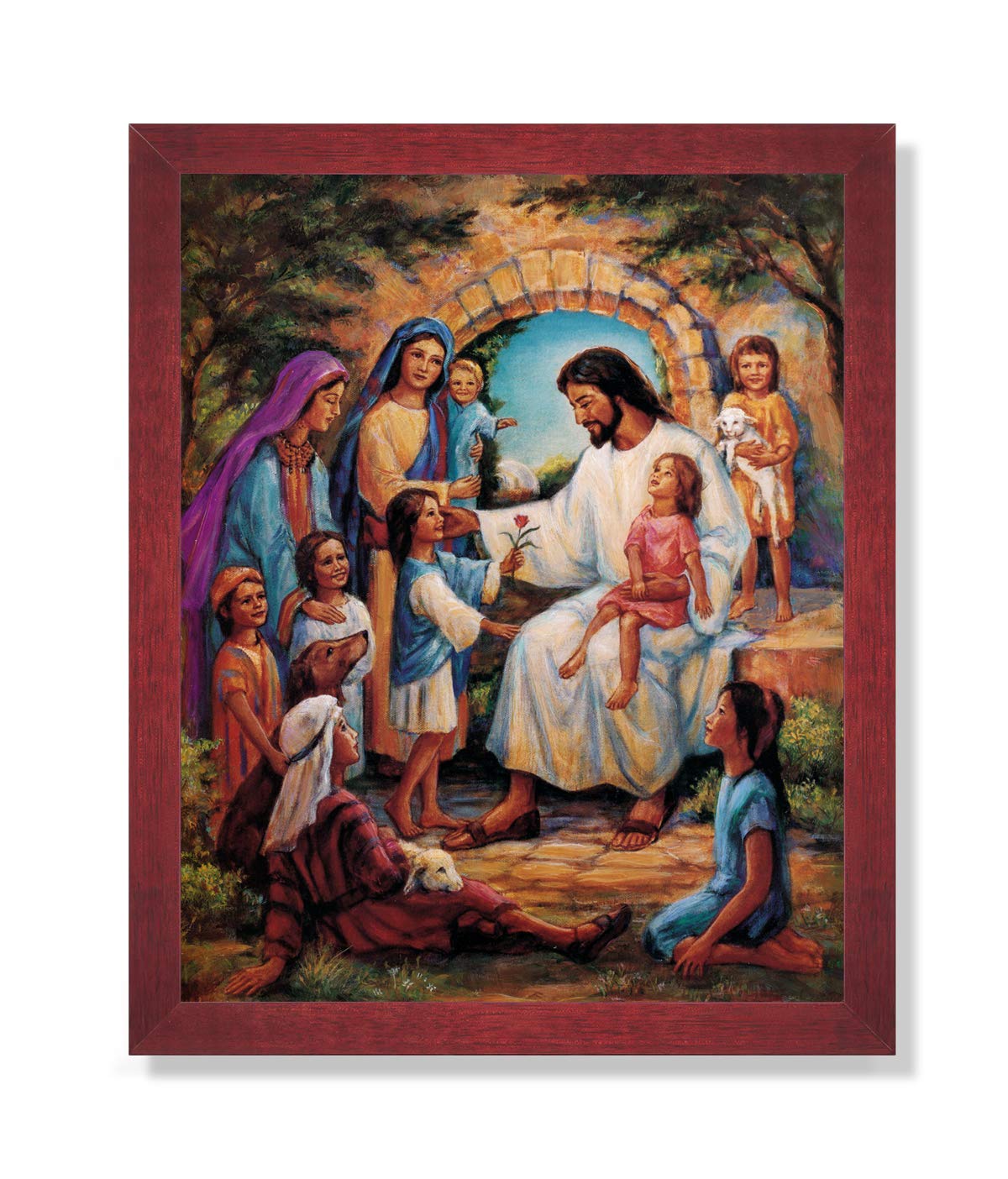 Jesus Christ With Children Religious Art Print 16X20 Cherry Frame & Glass Great Gift Idea For Kids