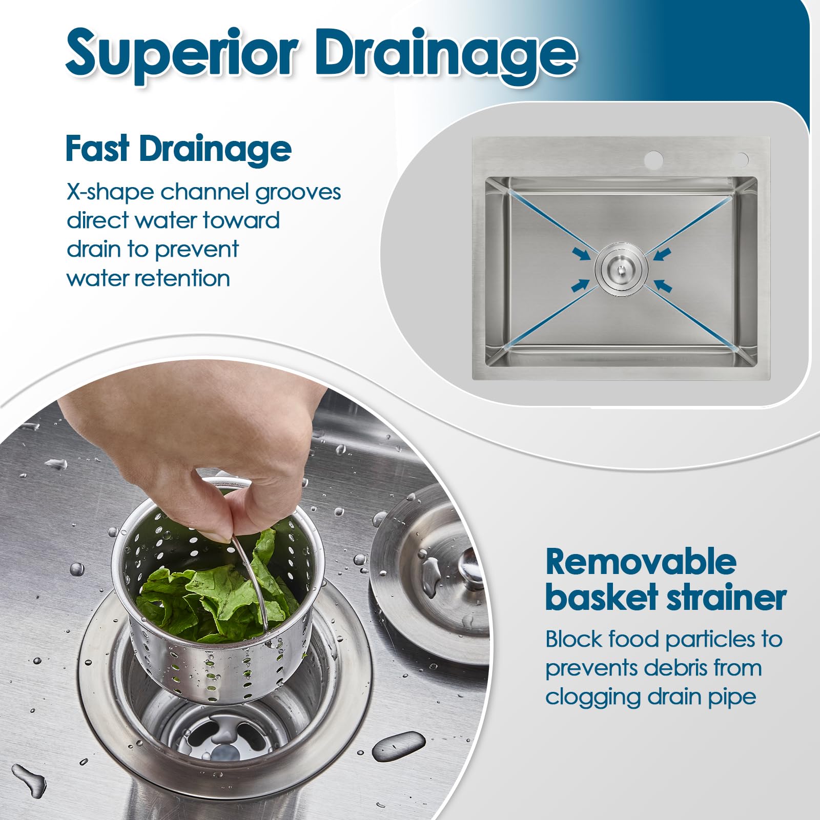 ROVOGO 24 x 18 inches Drop-in Kitchen Sink Single Bowl with 2 Holes  304 Stainless Steel Handmade Residential Sink with Drain Kit