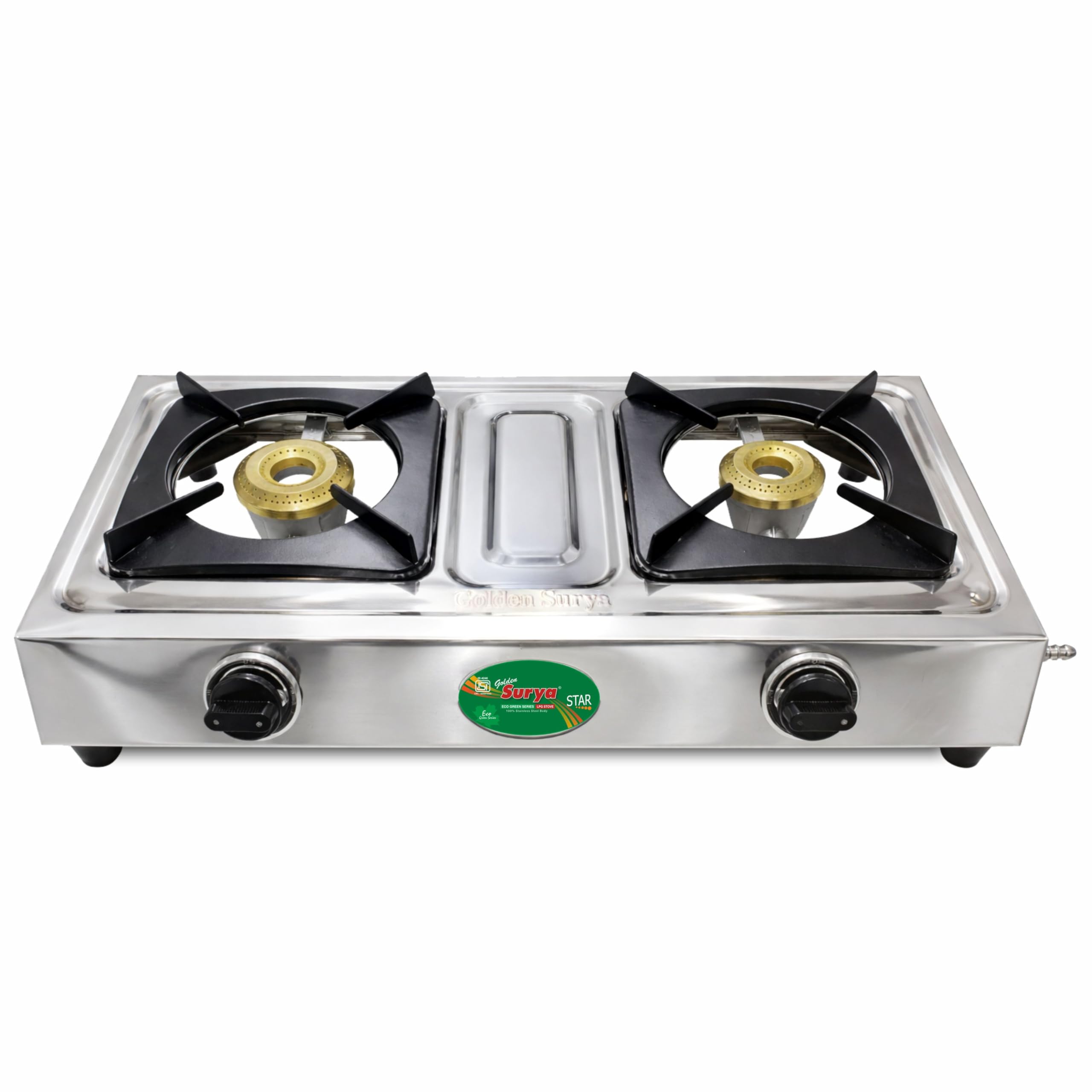 Golden Surya Star 2 Burner Lpg Gas Stove With High Efficiency Burners, Stainless Steel Body, Heavy Ms Pan Support, Manual Igniti