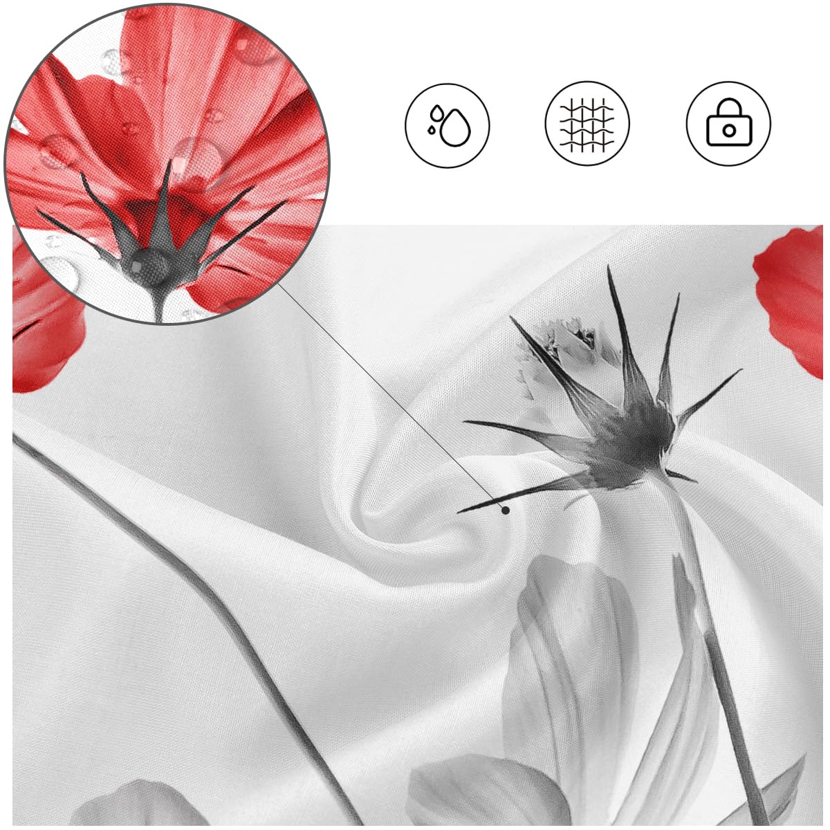 Kikiry Stall Shower Curtain Small 36''W X 72''L Red Gray Flower White Grey Daisy Floral Ink Painting Botanical Simple Elegance B