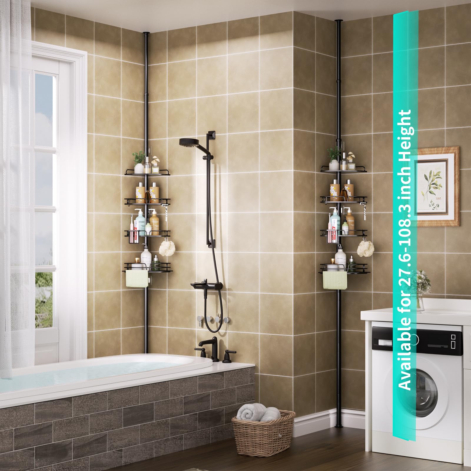 Hapirm Corner Shower Caddy Organizer - Rustproof Shower Organizer Corner With Toothbrush Holder And Hooks, Bathroom Shelf Tensio