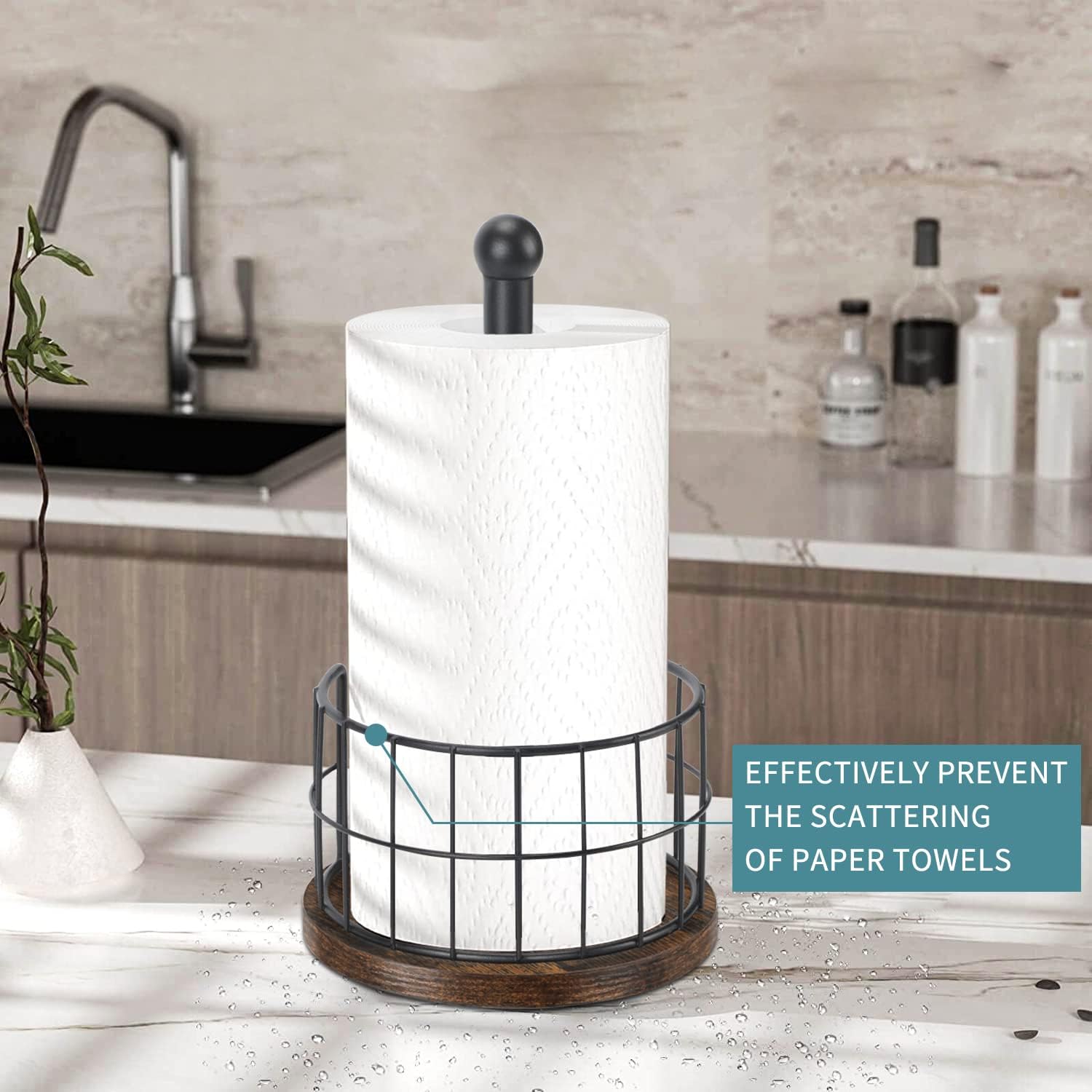 Yinmit Paper Towel Holder Countertop, Standing Paper Towel Roll Holder For Bathroom, Paper Towel Rack With Heavy Duty Wooden Bas