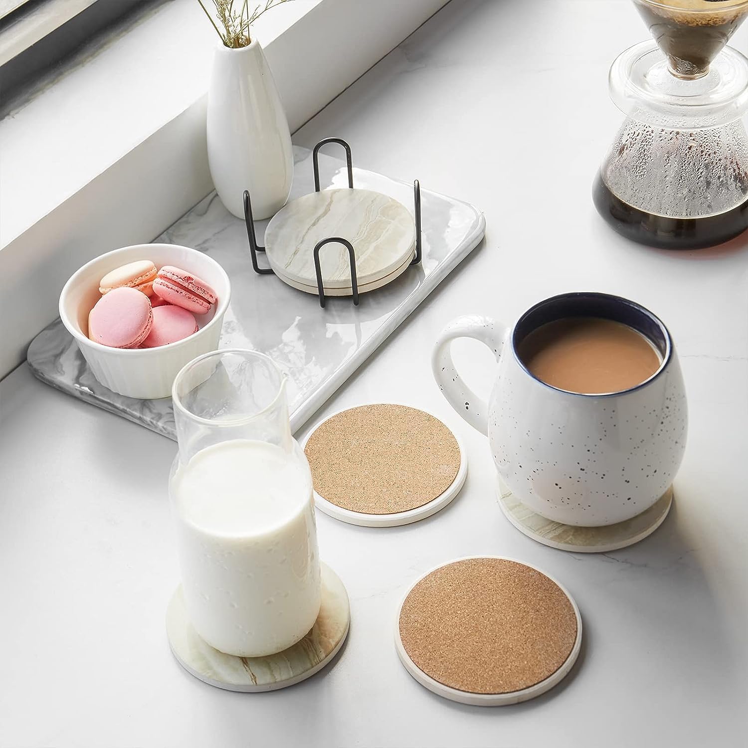 LIFVER Coasters Set of 6 - Absorbent Ceramic Drink Coasters, Black Marble Style, Tabletop Protection, Ideal for Home Decor
