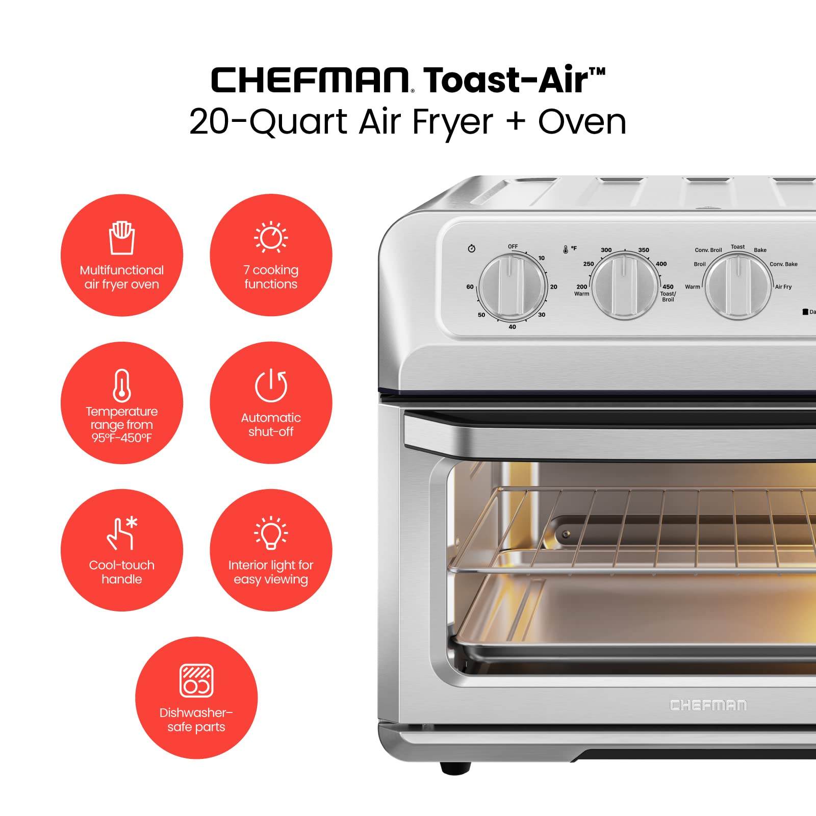 Chefman Air Fryer Toaster Oven Combo, 7-In-1 Convection Oven Countertop 20 Qt Oven Air Fryer, Cook A 10 Inch Pizza, Air Fry 2 Lb