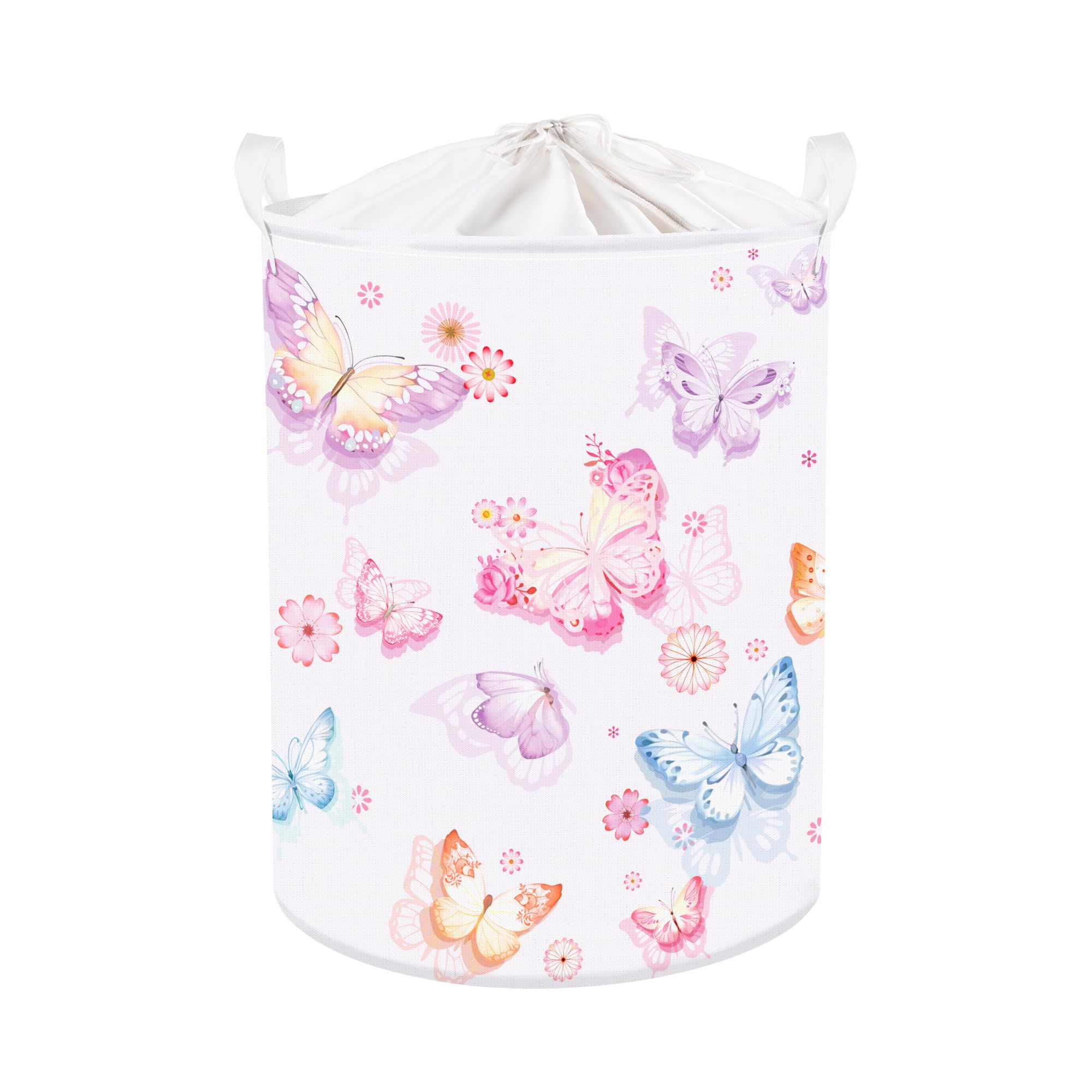 Clastyle Large Purple Pink Butterfly Laundry Basket Waterproof Flower Clothes Nursery Hamper for Baby Girl Collapsible Toy Stora