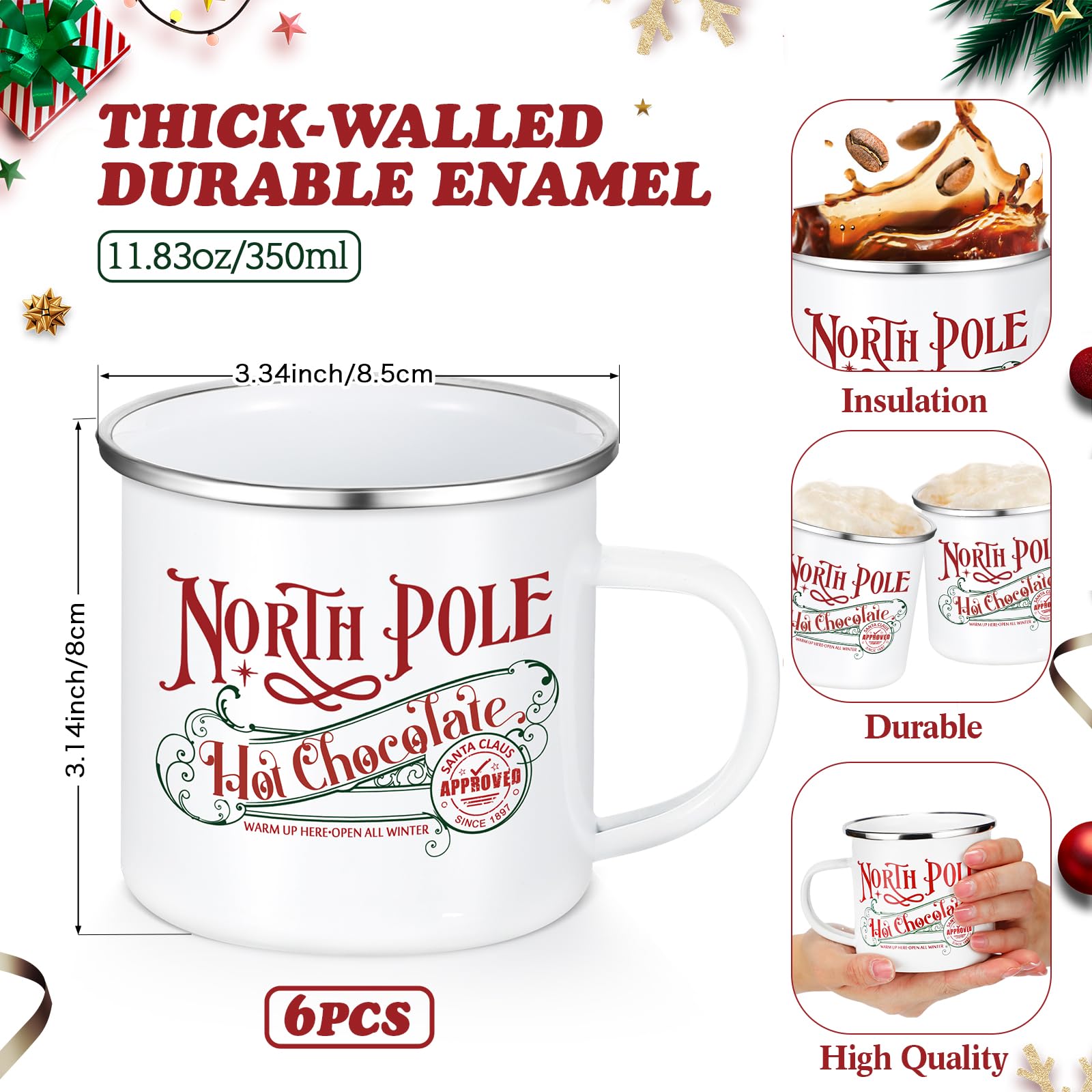 Yaomiao North Pole Hot Chocolate Mug Christmas Coffee Mugs Christmas Gifts Santa Xmas Enamel Cups with Handle Stainless Steel Mu