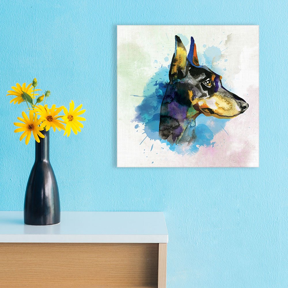 Wall26 Square Dog Series Canvas Wall Art - A Dobermann Painting With Blue Color Splash Background - Giclee Print Gallery Wrap Mo