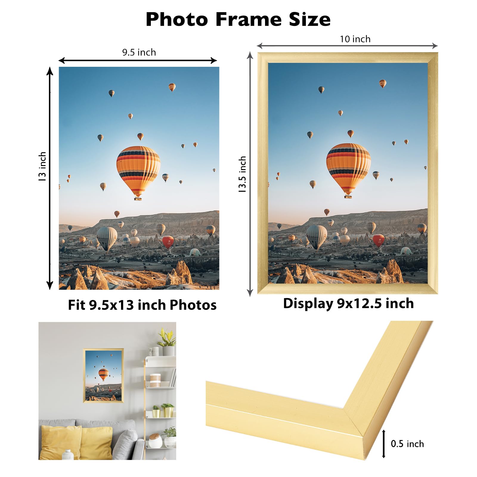 JCJMY 9.5x13 Picture Frame Gold for Wall Hanging, Wall Mounting Horizontally or Vertically, 9.5 x 13 Wall Gallery Poster Photo F