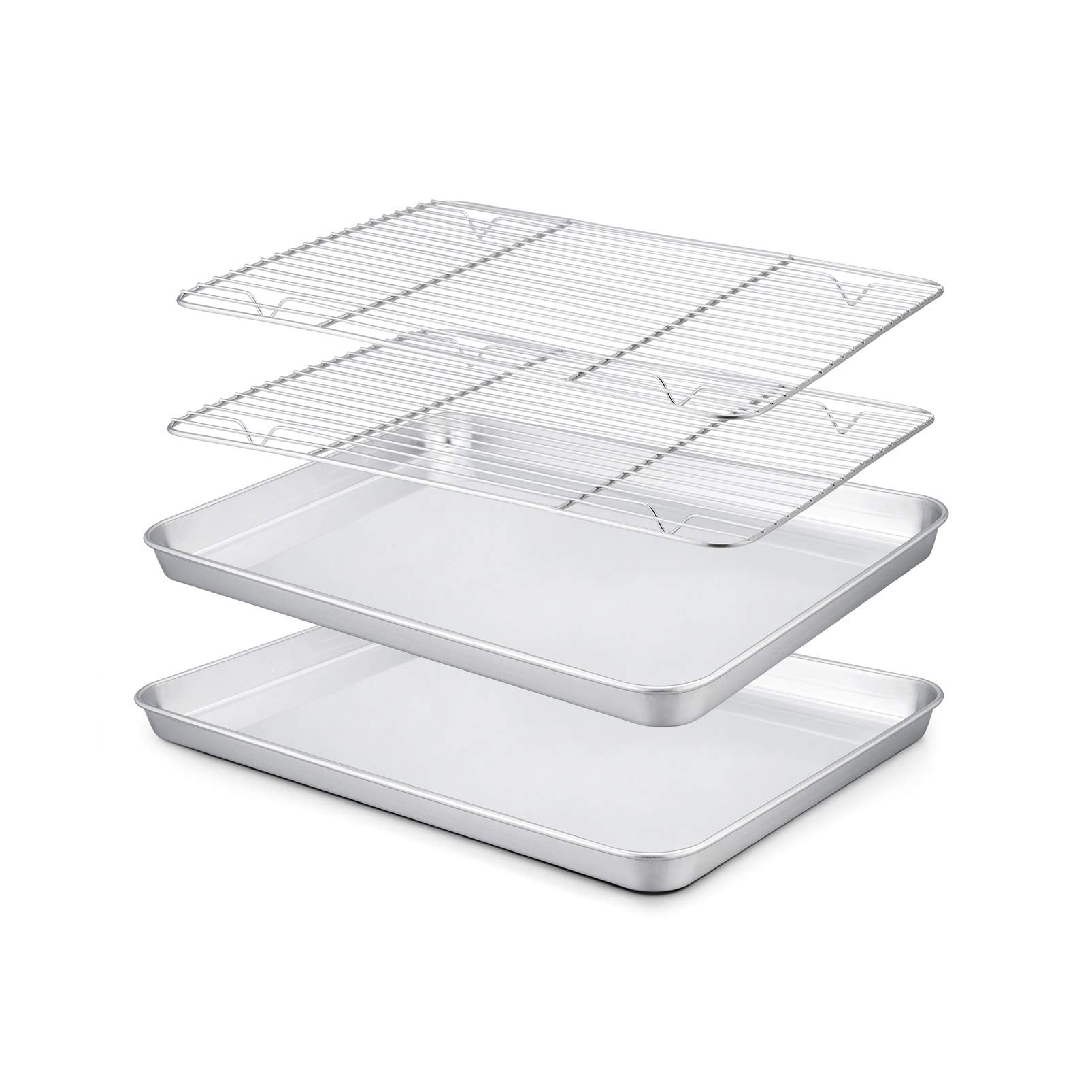 TeamFar 10.5 x 8 x 1 Toaster Oven Pan with Rack Set, Small Baking Pans Tray Stainless Steel with Cooling Rack Set of 4, Non-Toxi