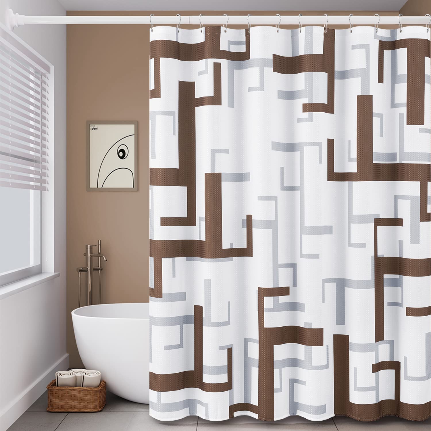 Bttn Extra Long Fabric Shower Curtain - 72X84 Inches Long Geometric Fabric Shower Curtain Set With 12 Plastic Hooks, Large Moder