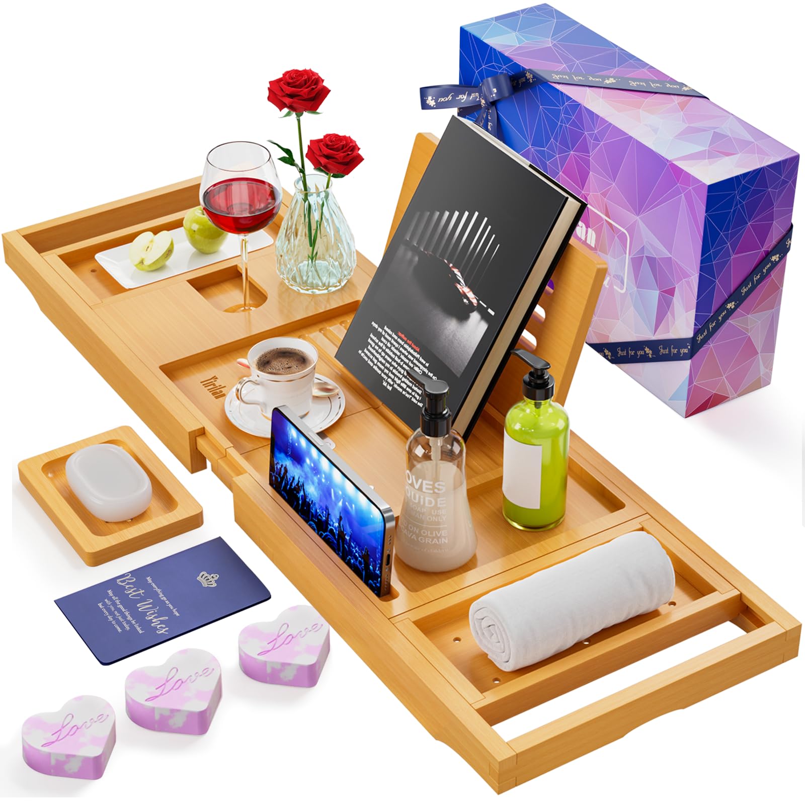 Yirilan Bamboo Bathtub Tray Caddy for 1-2 Persons, Expandable Wooden Design, Brown