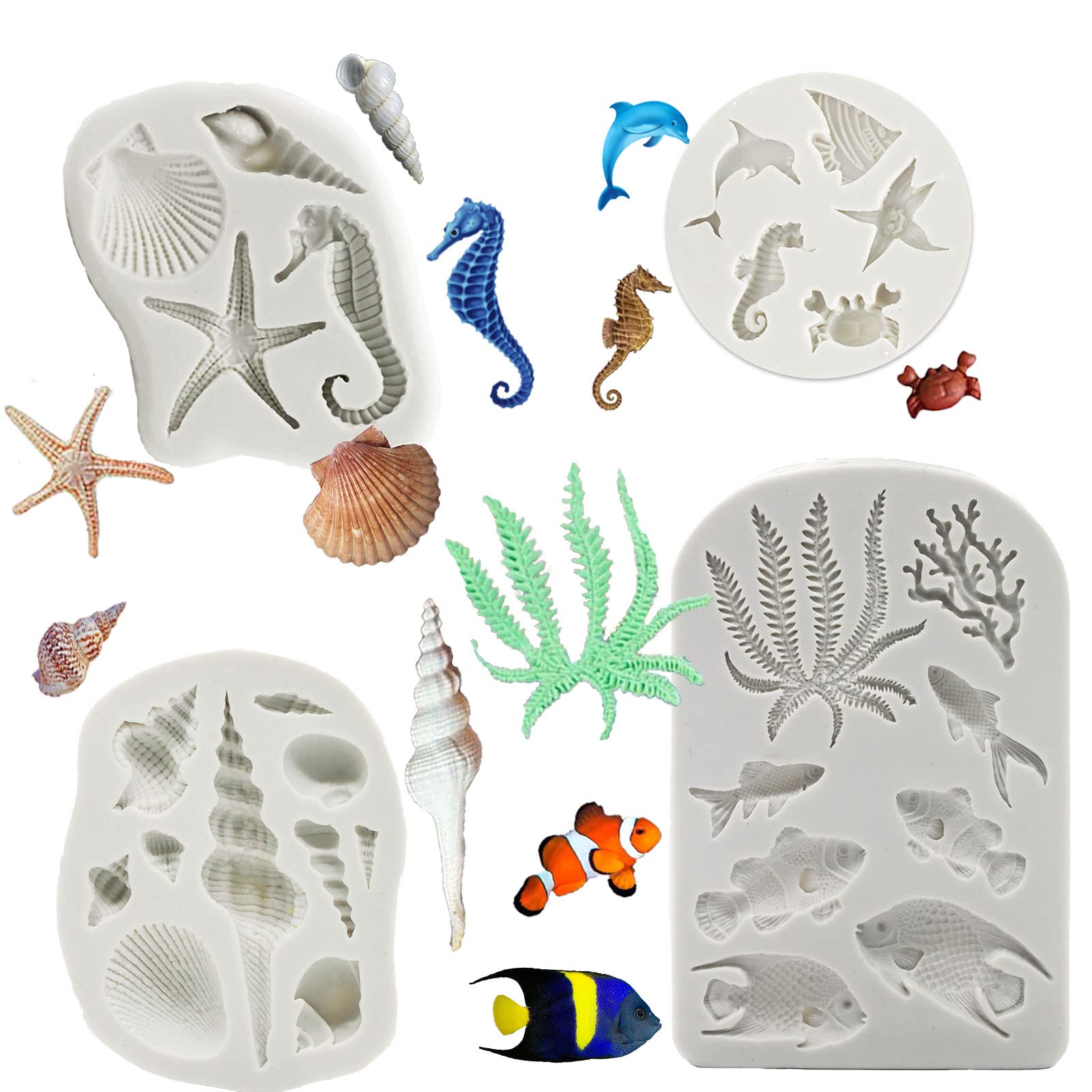Memovan Marine Theme Silicone Fondant Mold 4Pcs Marine Under The Sea Cake Mold Hippocampus Seaweed Sea Fish Crab Coral Conch Sea