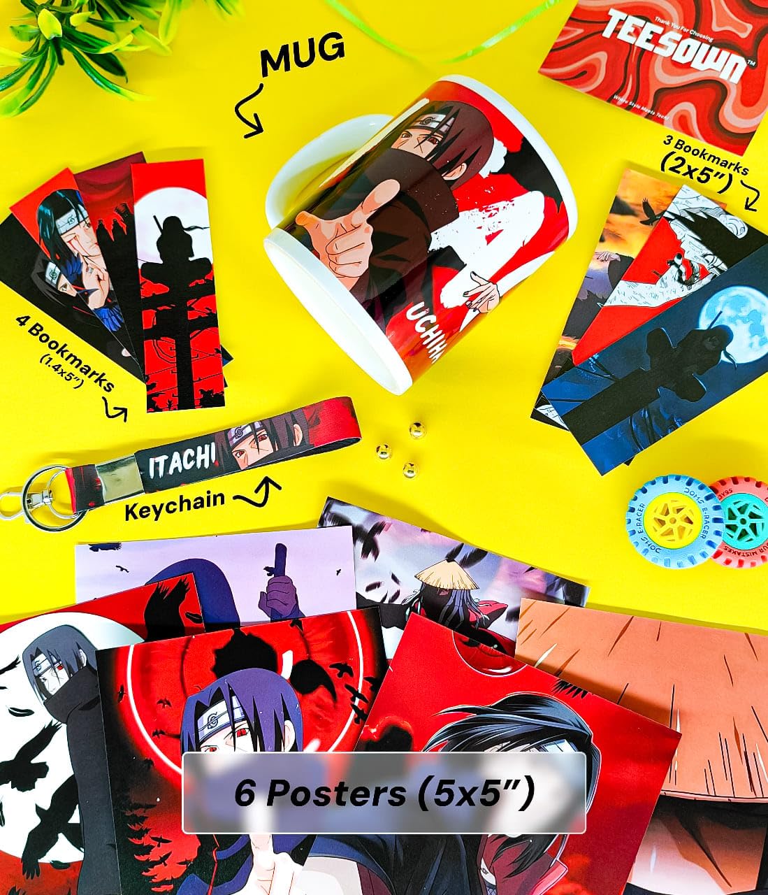 Teesown Itachi Uchiha Anime Gift Combo - Includes 4 Products - Mug, Keychain, 6 Posters - Sharingan Legacy Bundle