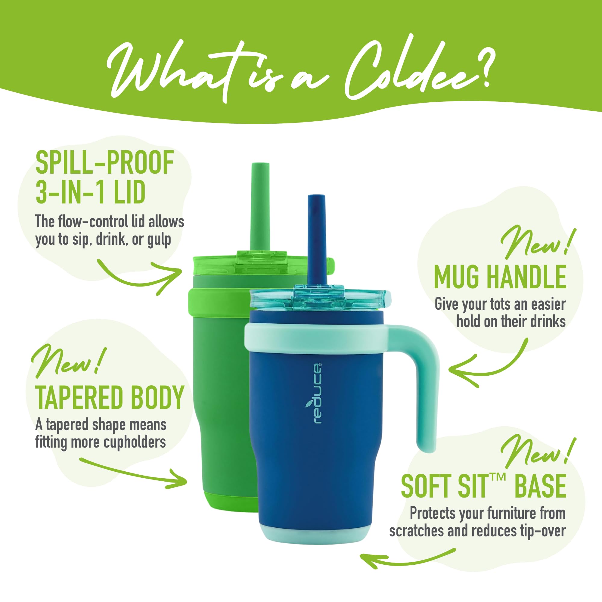 Reduce 14 Oz Coldee Tumbler With Handle For Kids - 2 Pack, Leakproof Insulated Stainless Steel Mug With Lid & Spill-Proof Straw,