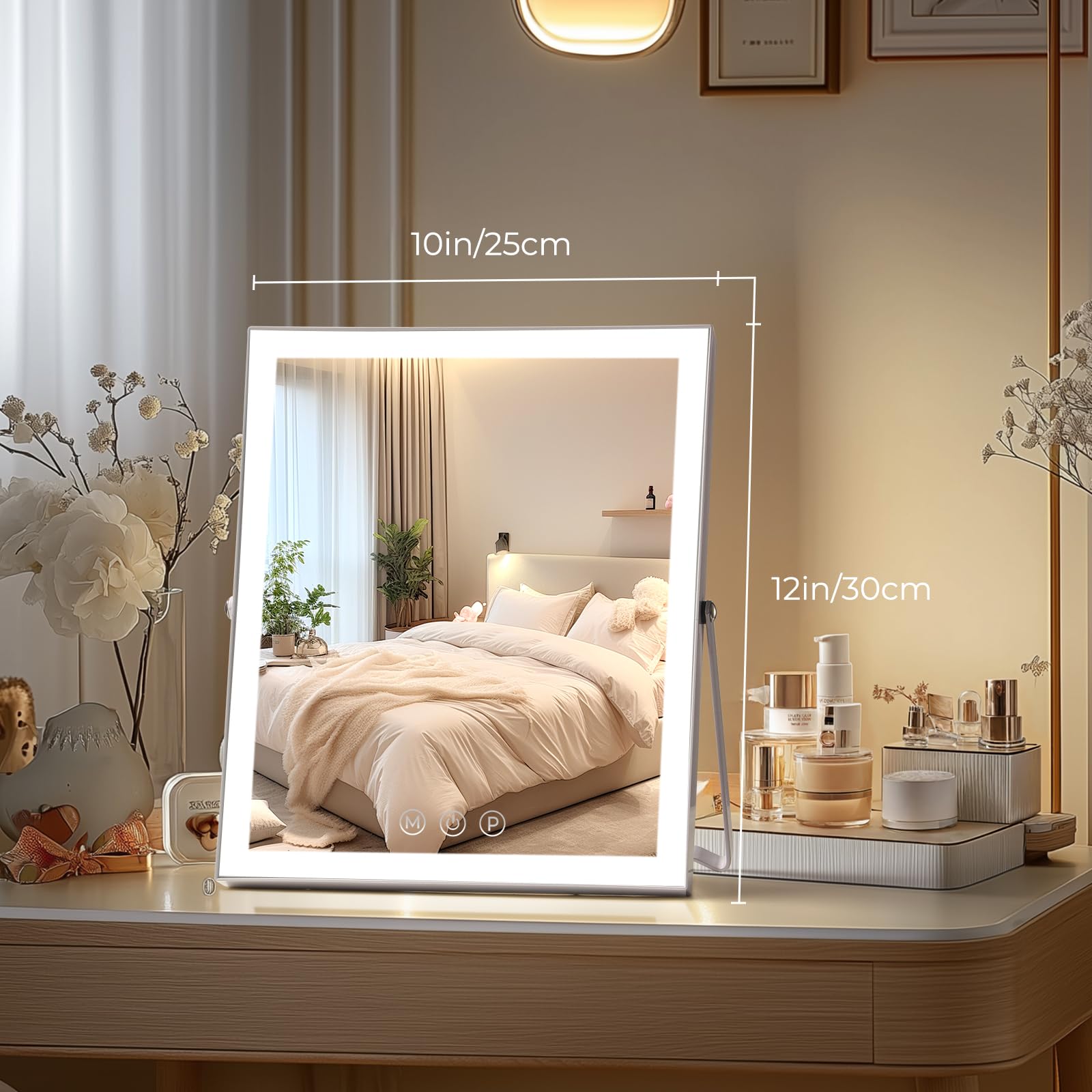 Vanity Mirror With Lights,10''X12'' Lighted Makeup Mirror, 3 Colors Dimmable, 360 Degree Rotation Makeup Mirror With Lights, Dua