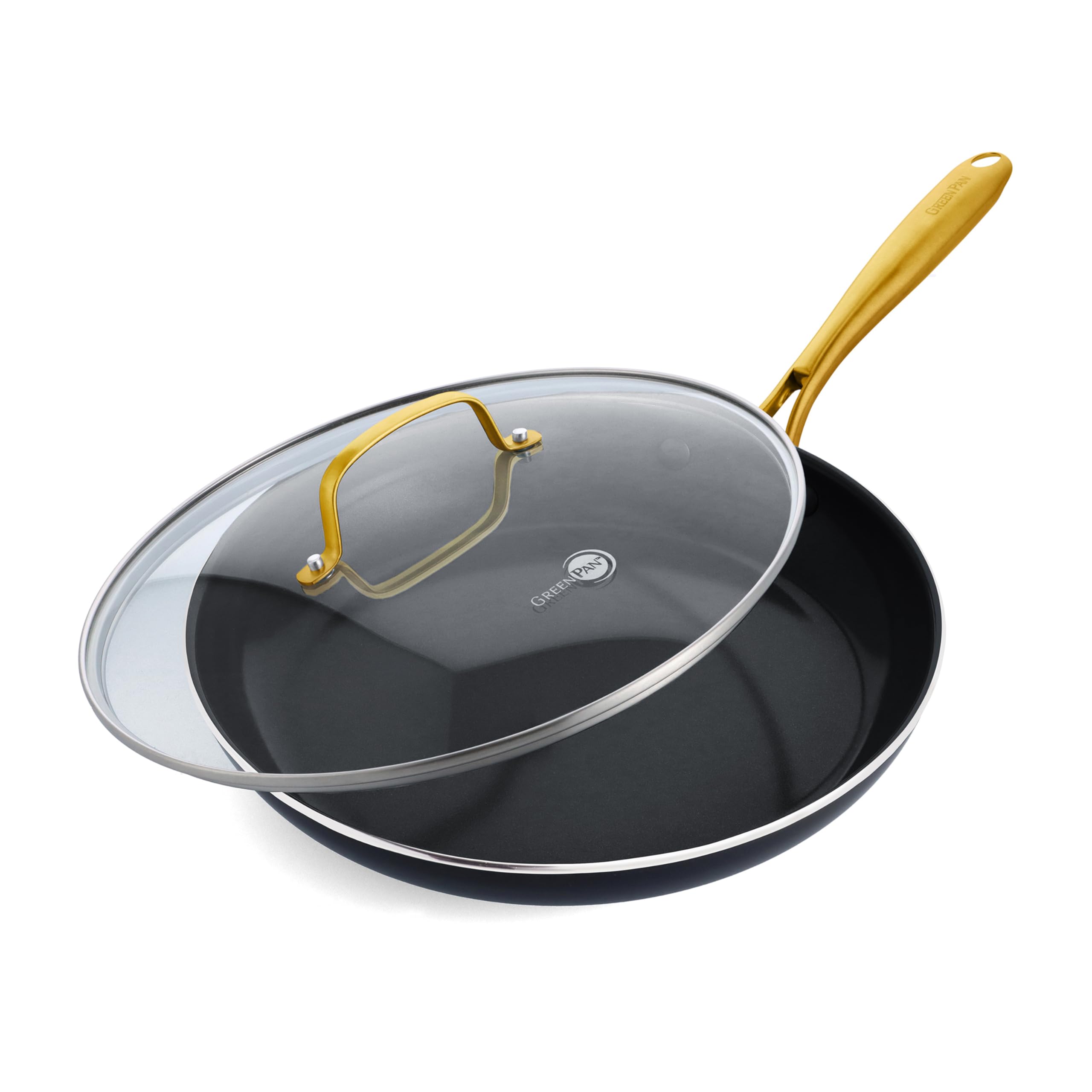 GreenPan Swift Cookware 12 Frying Pan Skillet with Glass Lid, Healthy Ceramic Nonstick Coating, Heavy-Gauge Aluminum, Gold-Tone 