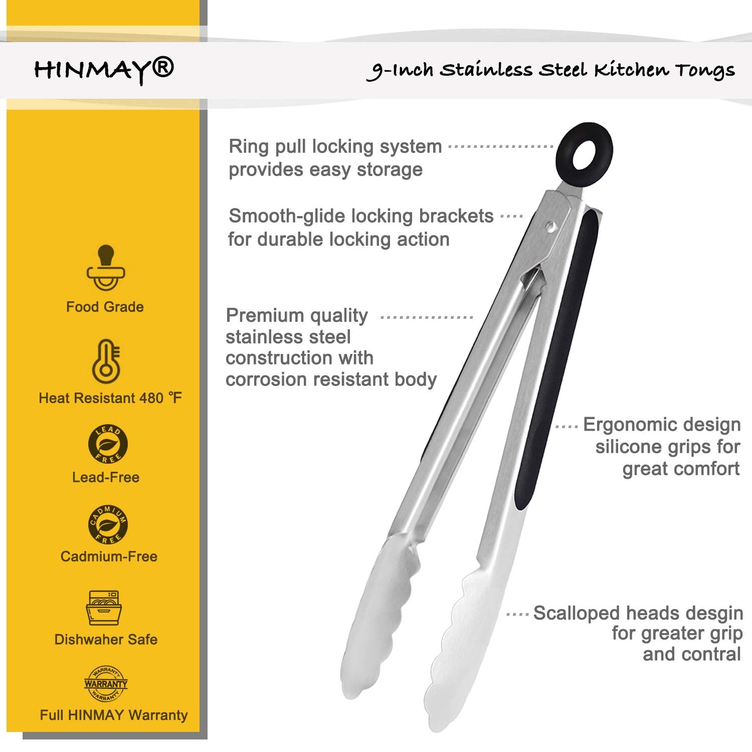 Hinmay Stainless Steel Kitchen Tongs 9-Inch Cooking Tongs, Set Of 3