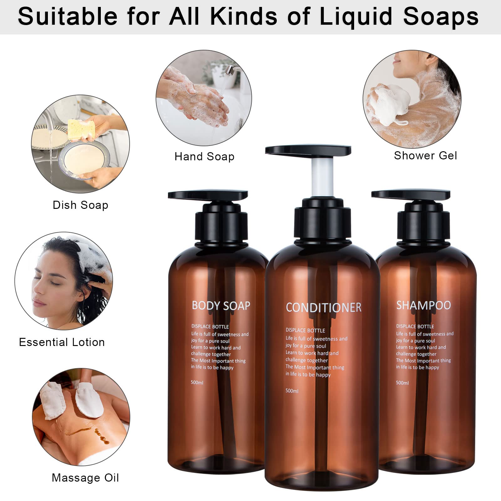 Shampoo And Conditioner Dispenser Pump Bottle,Yeeco Clear Amber 16.9Oz/500Ml 3 Pack Soap Dispenser Shampoo Bottles Refillable Fo