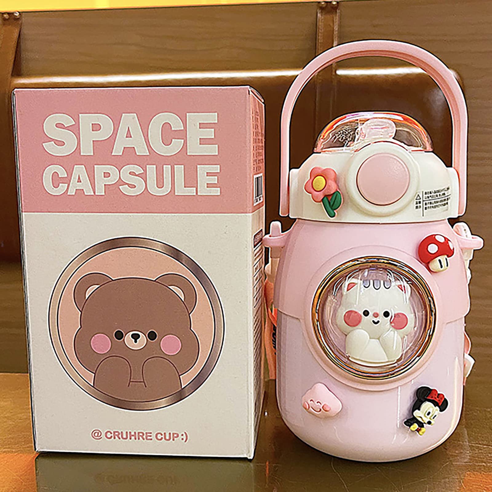 Ncduansan 700Ml Kawaii Insulated Water Cup 316 Stainless Steel Cute Girl Outdoor Bottle Portable Straw Drinking Bottle (Pink)