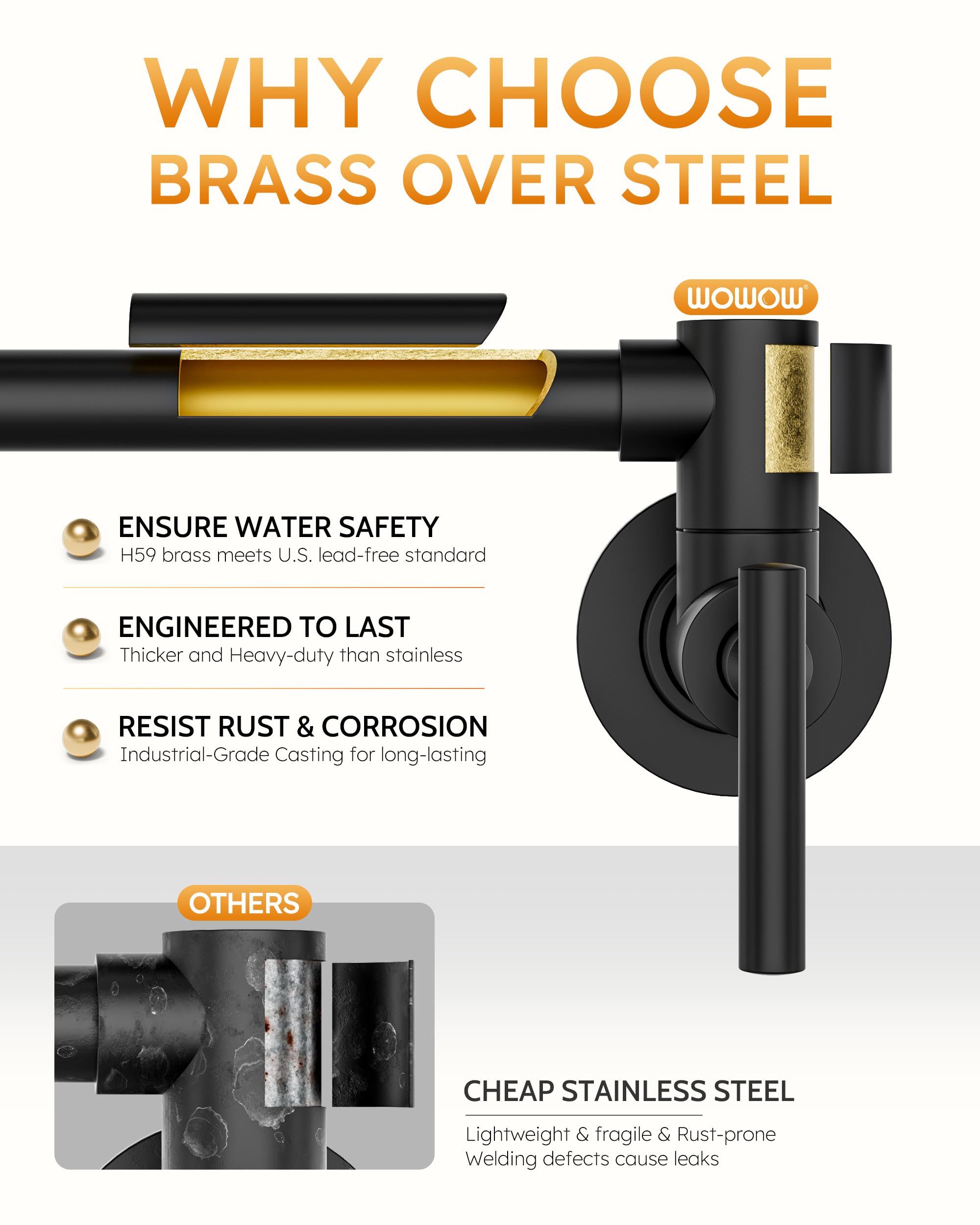 WOWOW Pot Filler Faucet Matte Black Commercial Wall Mount Stove Faucet  Brass Pot Filler Folding Faucet Over Stove  Kitchen Pot Faucet with Double Joint Swing Arms