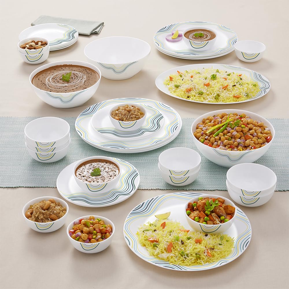 Larah By Borosil Moon Mia Dinner Set  36 Pcs, Opal Glass Dinner Plates & Bowls Crockery Set For Dinning, White
