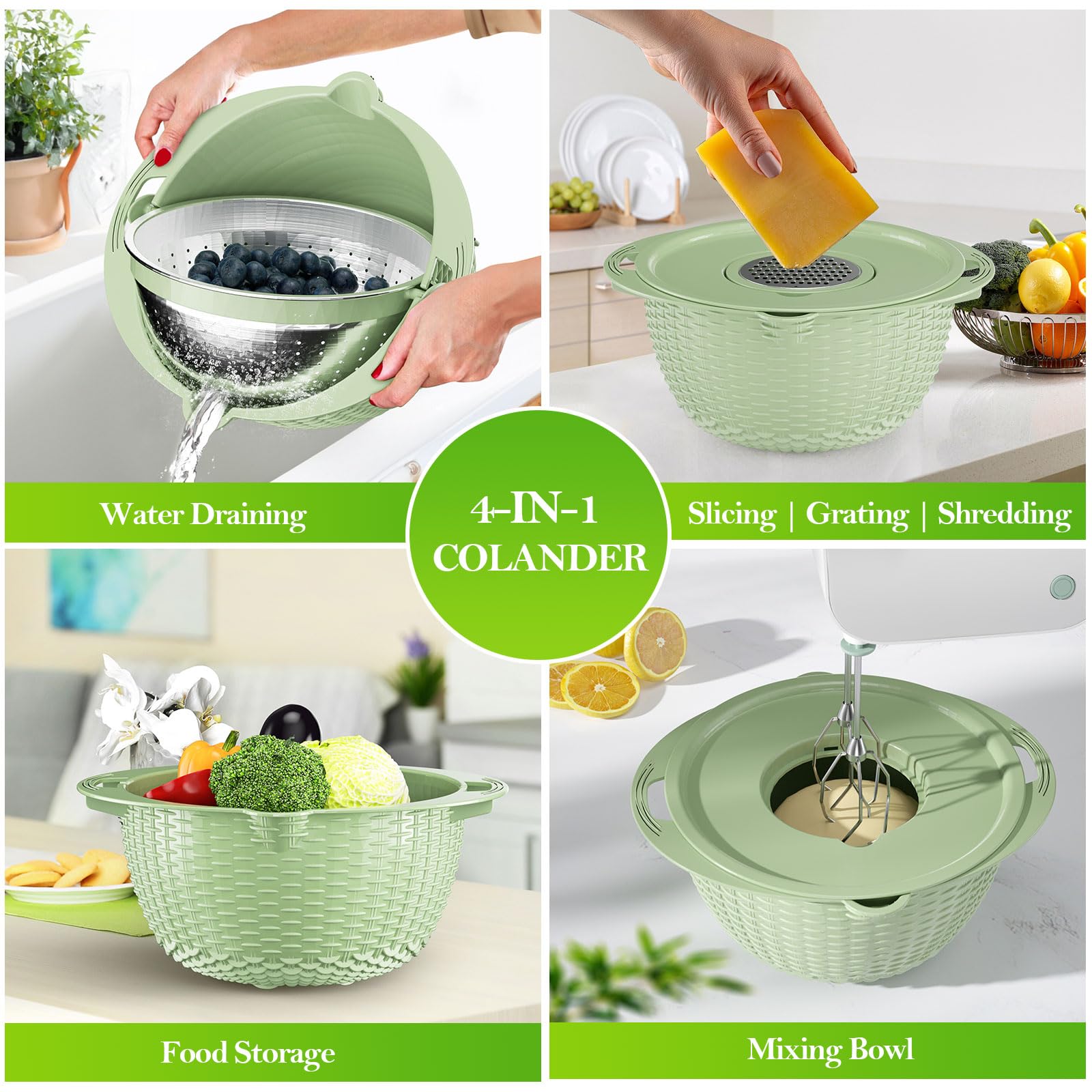 4-1 Colander With Bowl Set - Strainers For Kitchen, Food Strainers And Colanders, Pasta Strainer, Rice Strainer, Fruit Cleaner,