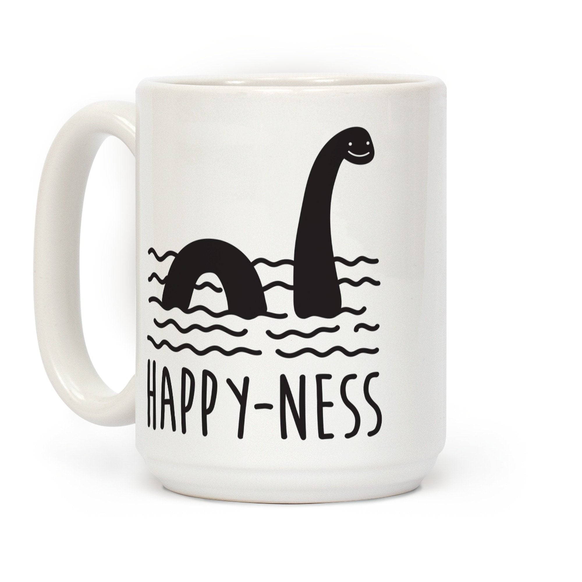Lookhuman Happy-Ness Loch Ness Monster White 15 Ounce Ceramic Coffee Mug