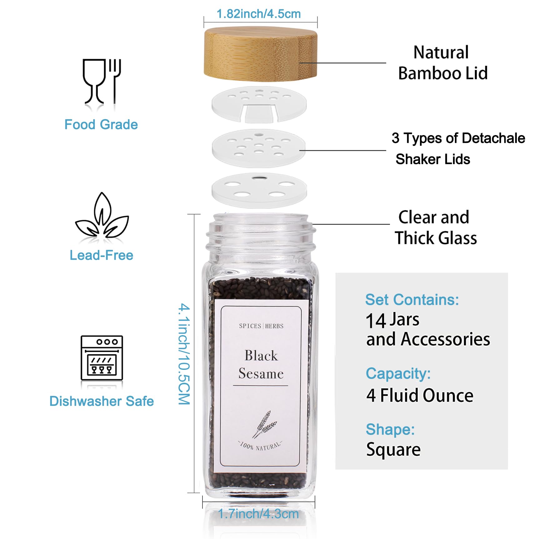 MONICA 14 Glass Spice Jars with Bamboo Airtight Lids and 5 Types of Spice Labels-4oz Empty Square Spice Bottles with Shaker Lids and Silicone Collapsible Funnel Test Tube Brush Bamboo Spoons