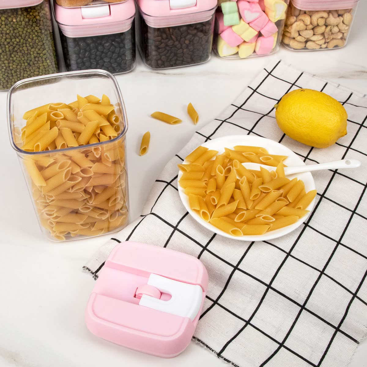U-QE Airtight Food Storage Container Set-10 Piece BPA Free Clear Plastic Cereal Canisters with Easy Lock Lids-Kitchen & Pantry Organization Containers for Sugar  Flour  Cereal  Labels & Marker(Pink)
