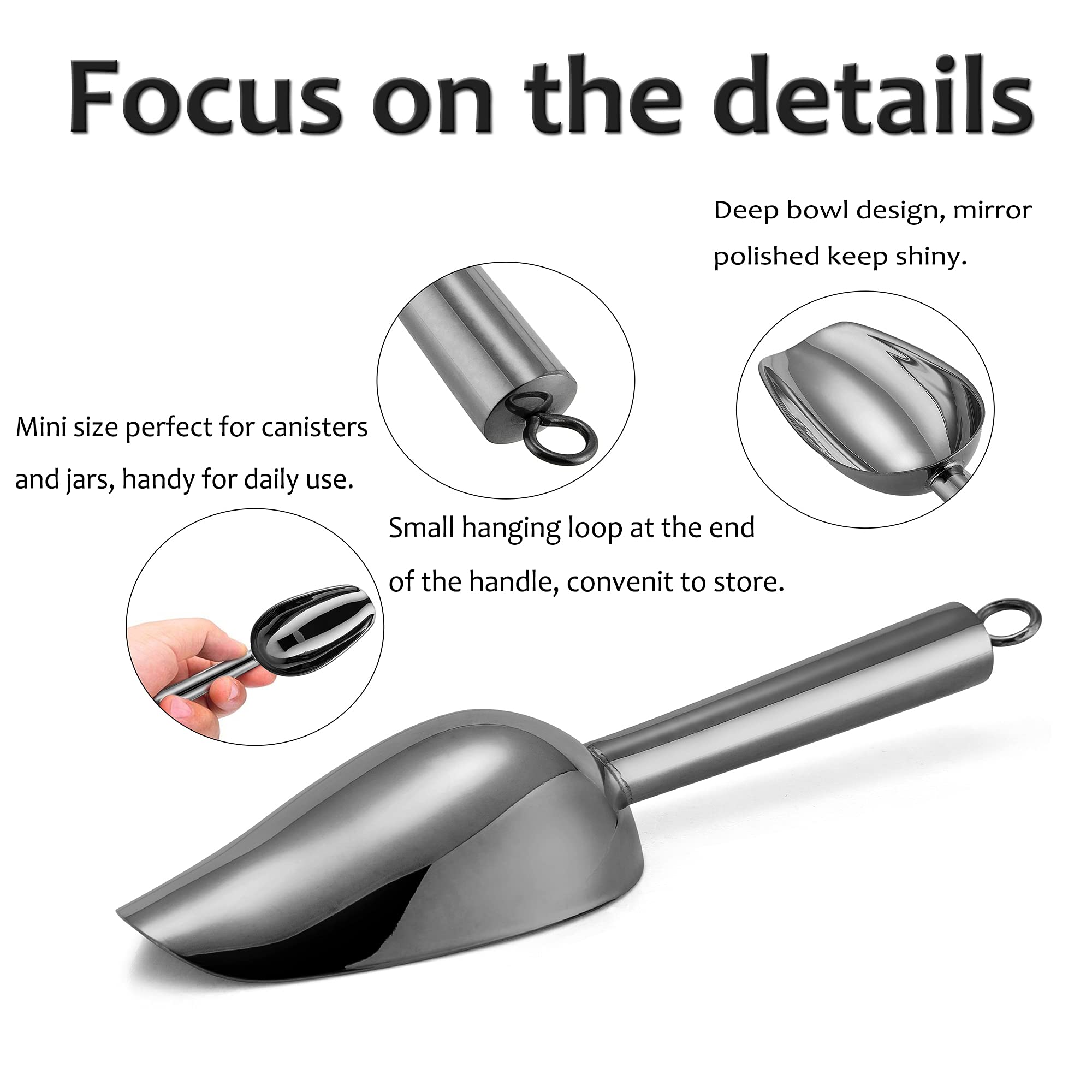 Mini Ice Scoop Set Of 4, E-Far 3 Ounce Platinum Black Stainless Steel Scoops For Candy/Flour/Sugar, Small Metal Scoops For Party