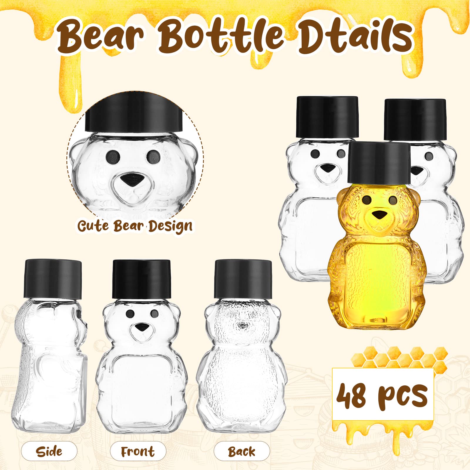 48 Pcs 2 Oz Plastic Honey Bear Bottle Bear Shape Clear Honey Containers Bulk Empty Honey Bear Cup Reusable Mini Honey Bear Jars