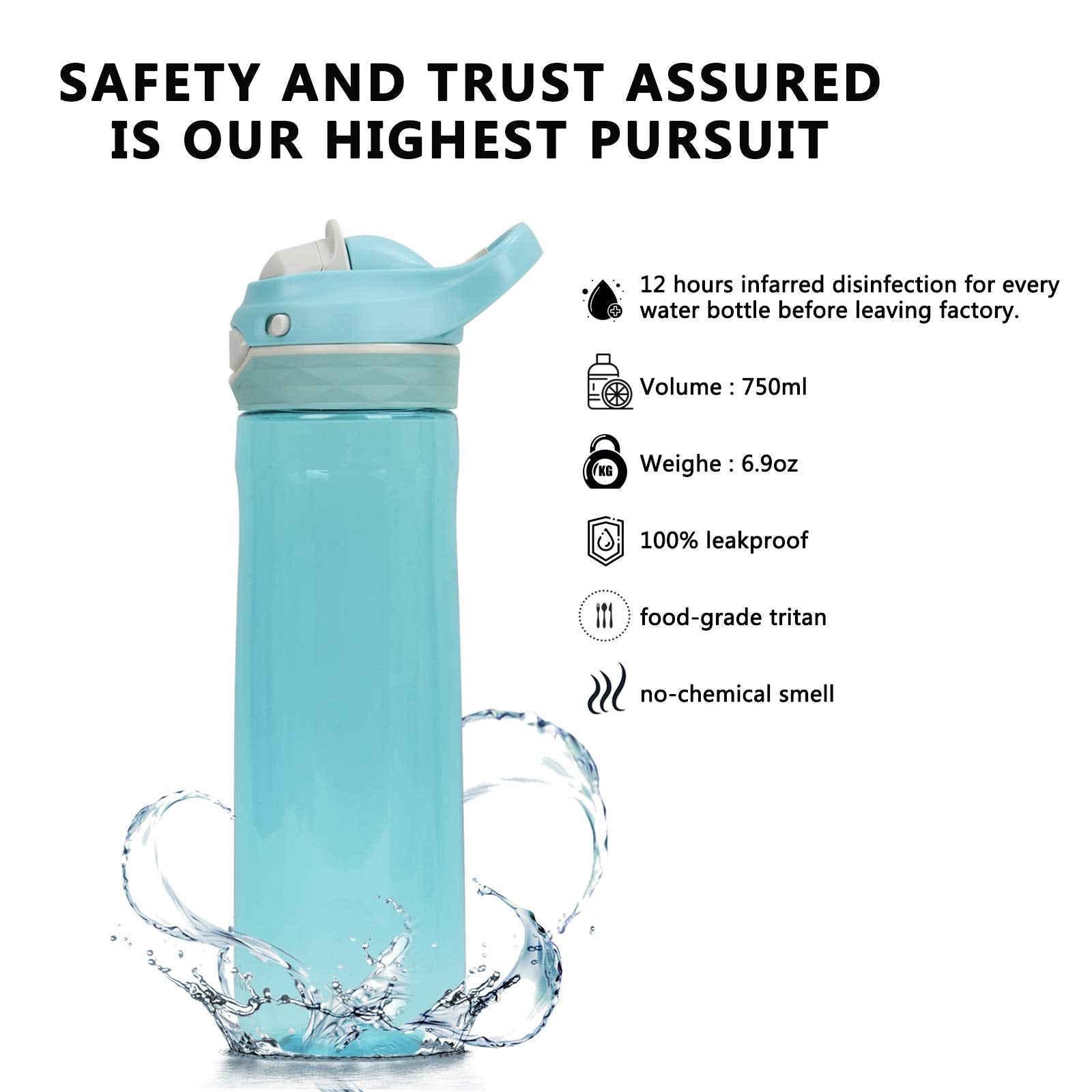 DEARART 26oz Sky Blue Water Bottle Without Straw Wide Mouth  AUTOSEAL BPA FREE Leakproof Clear Bottle Has Handle  Easy Carried  Suit School Office Gym Yoga Sports etc.