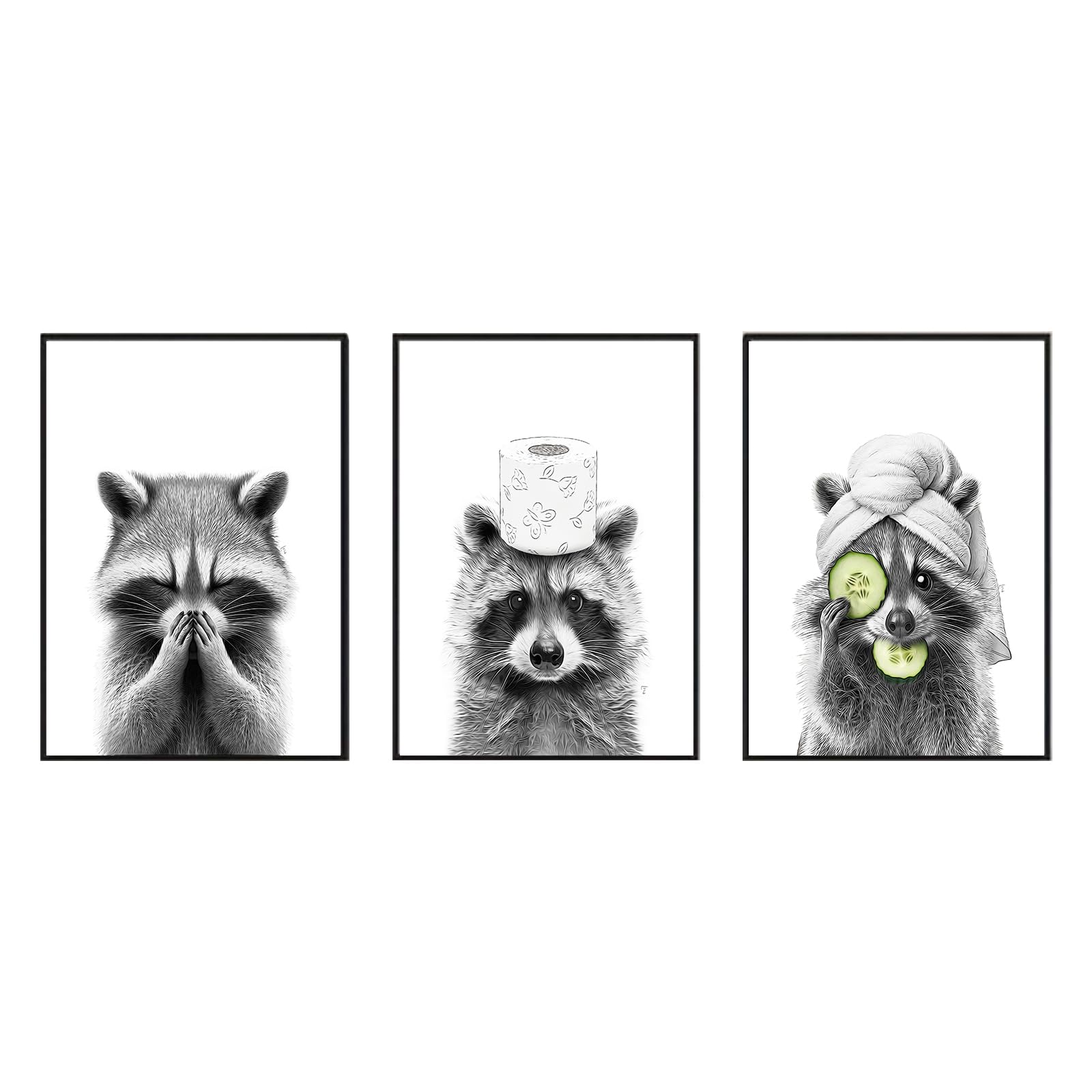 Twnslla Adorable Raccoon Bathroom Wall Art Set Of 3,Funny Bathroom Decor Wall Art,Bathroom Fuuny Raccoon Art Prints,Funny Bathro