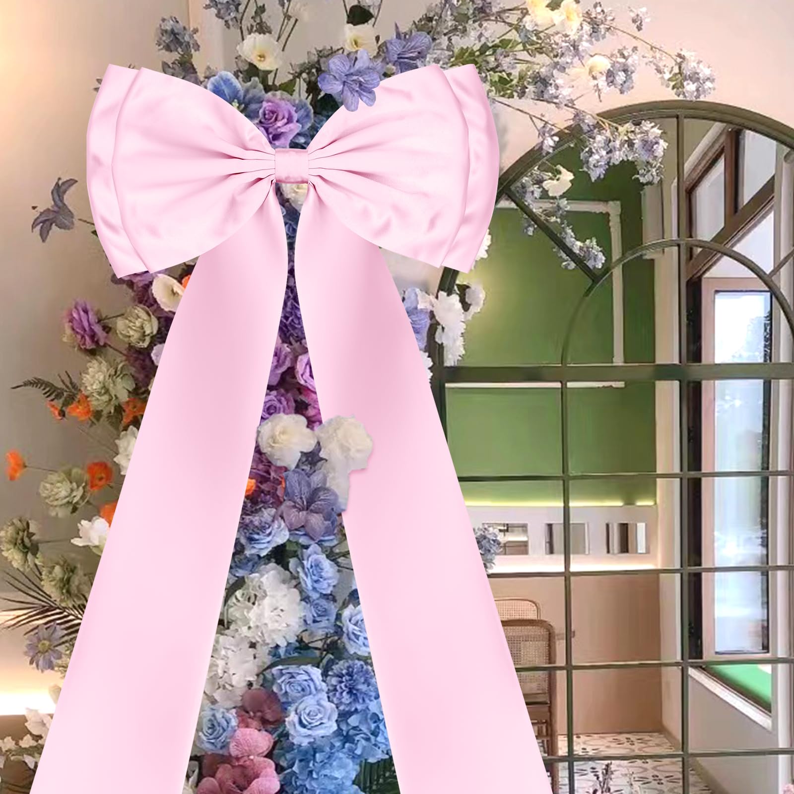 FUANGUI Christmas Giant Bow Decoration, Pink Big Bow for Backdrop 75x18 Inch, Coquette Birthday Wall Room Home Decor, Large Sati