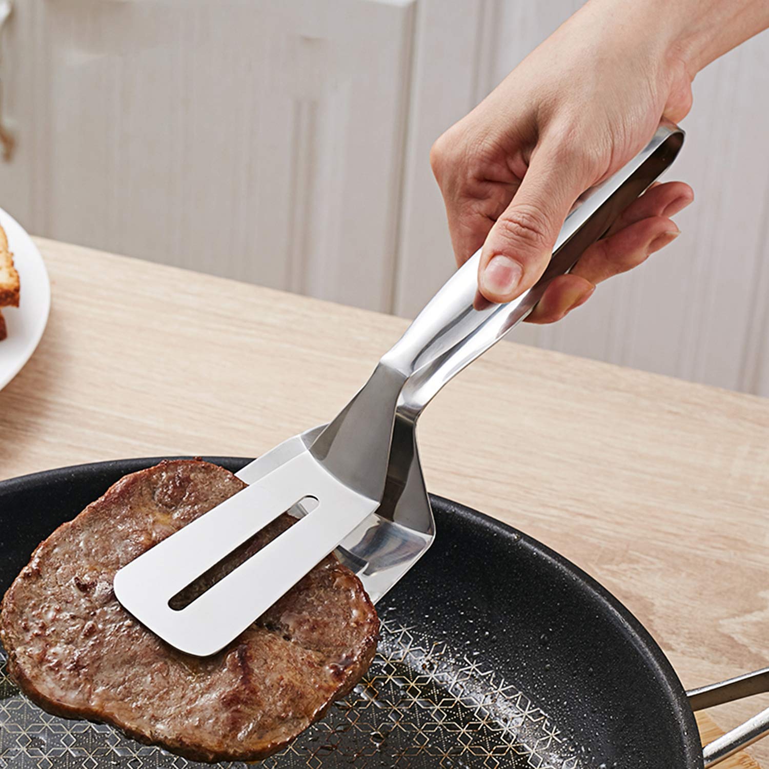 Aoosy Steak Clamps, 3-In-1 Cooking Tong, Double Sided Spatula, 10 Inch Multifunctional Stainless Steel Food Flipping Spatula Ton