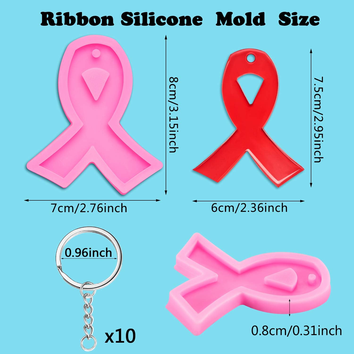 6 Pieces Ribbon Silicone Mold Awareness Ribbon Silicone Mold With Hole And 10 Pieces Keyrings For Diy Chocolate, Cake, Pudding,