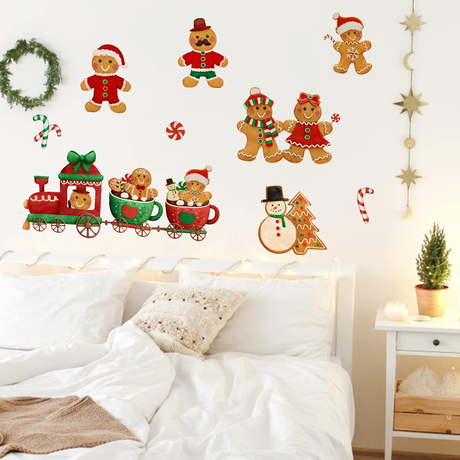 Yovkky Christmas Gingerbread Man Wall Decals Stickers, Xmas Snowman Santa Claus Winter Home Bedroom Decor, 2024 New Year Candy C