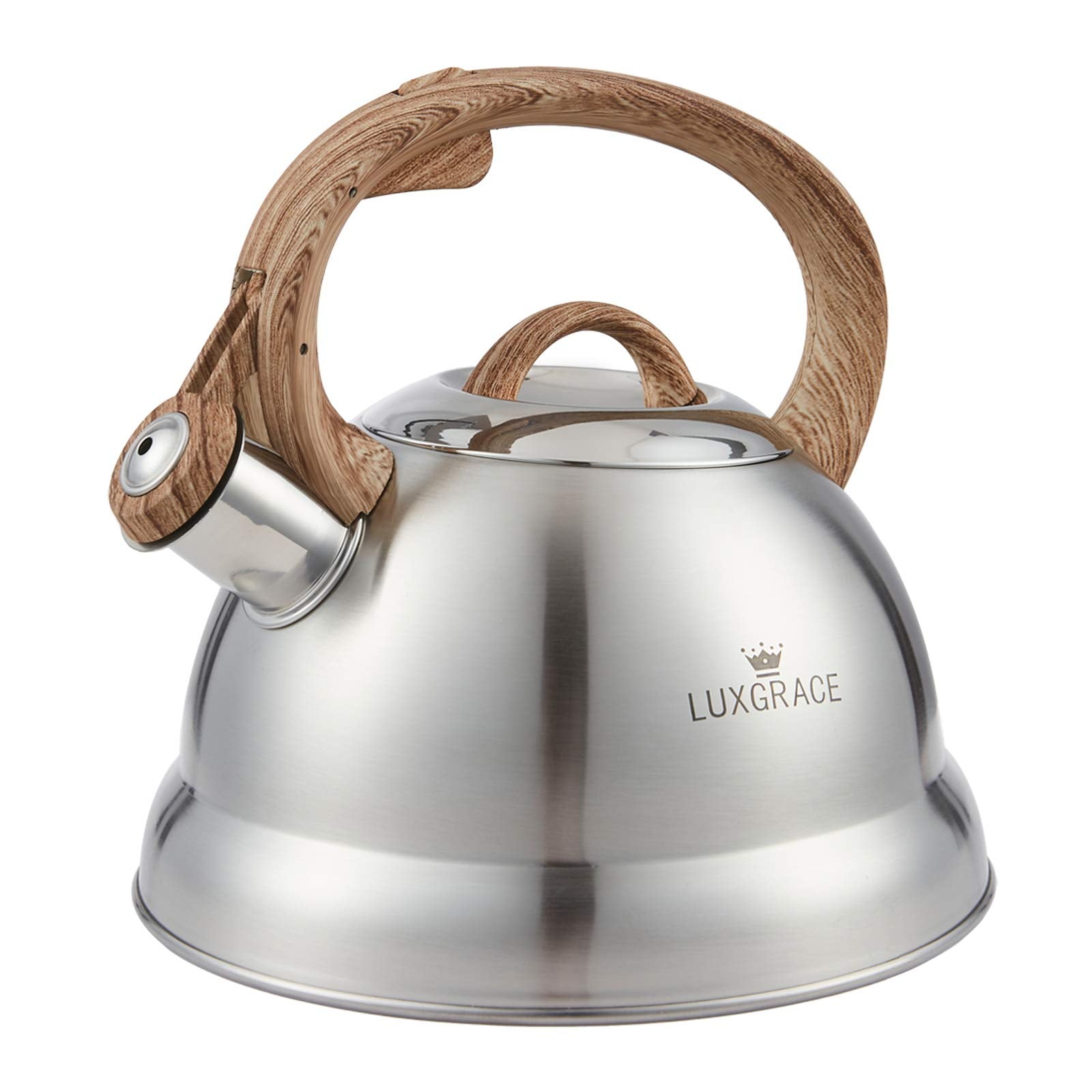Creative Home 2.3 Qt. Stainless Steel Whistling Tea Kettle Teapot With Ergonomic Wood Rubber Touching Handle, Satin Finish