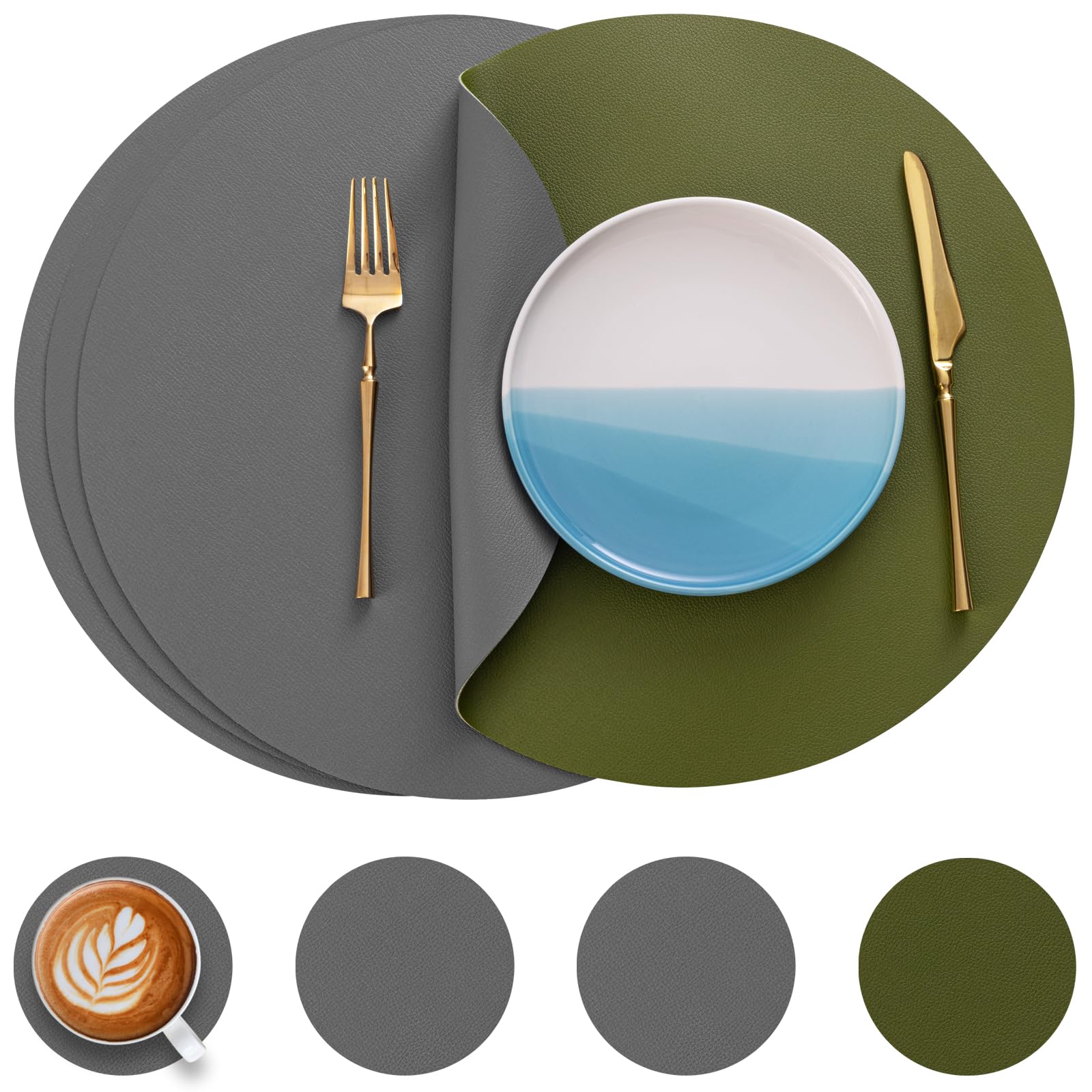 Myir Jun Round Table Placemats Set Of 4 Faux Leather Place Mats And Coasters 15 Inch Dual Sided Non-Slip Stain Resistant (Gray &