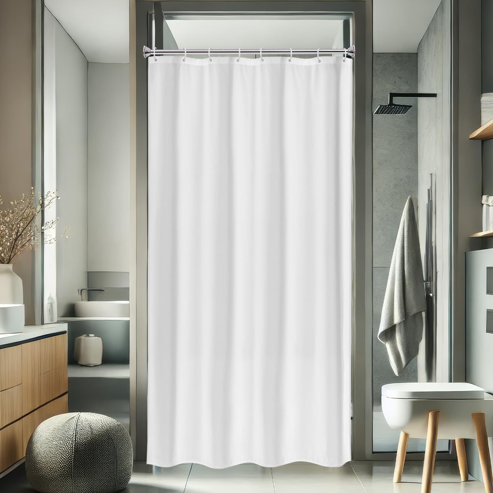 AooHome White Stall Size Bathroom Curtain for Hotel  Fabric Shower Liner with Hooks for Hotel  Waterproof  48 Width x 72 Height Inch