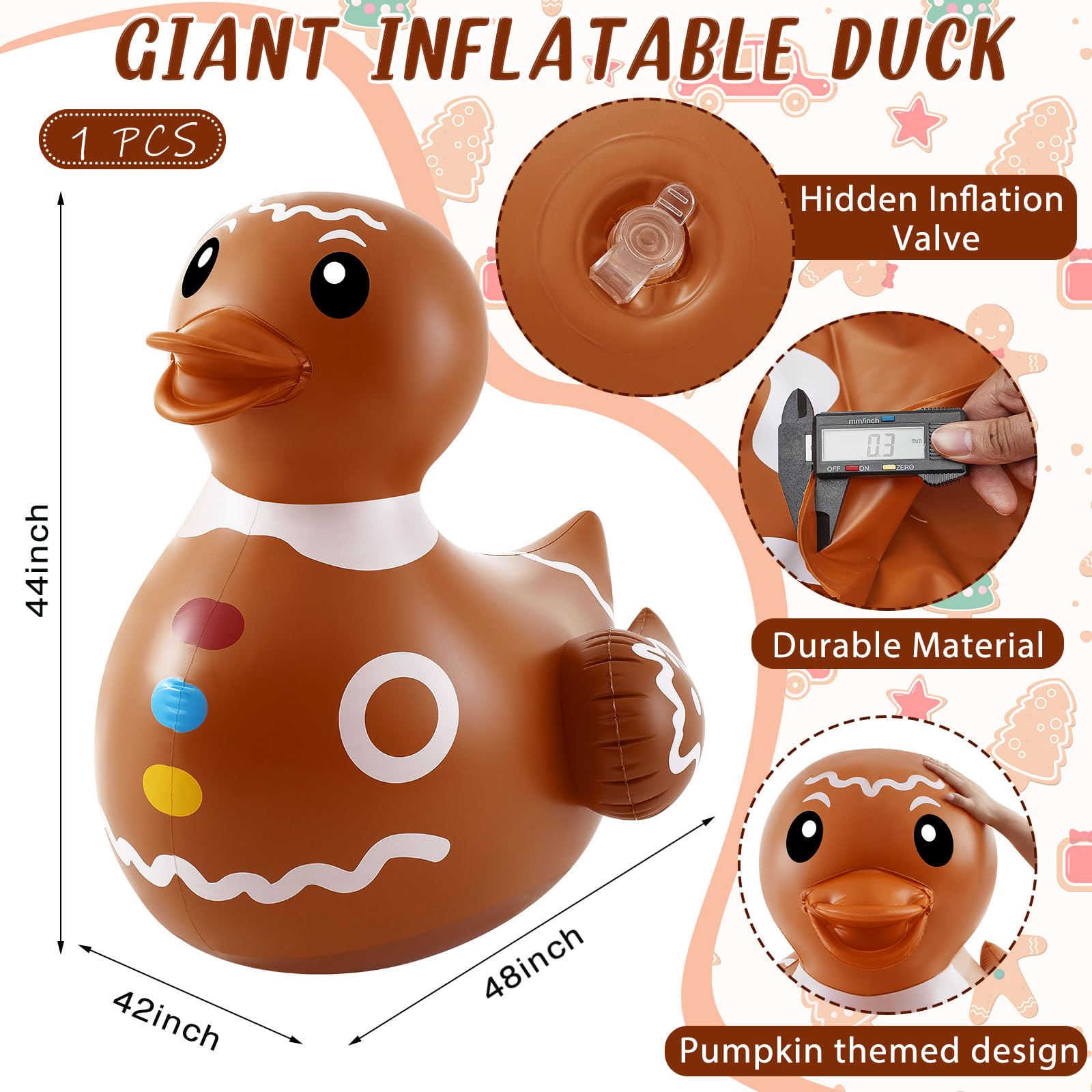 Hungdao 1 Pcs 4 Feet PVC Christmas Giant Inflatable Gingerbread Duck Huge Rubber Large Blow up Duck Christmas Pool Floats for Xm